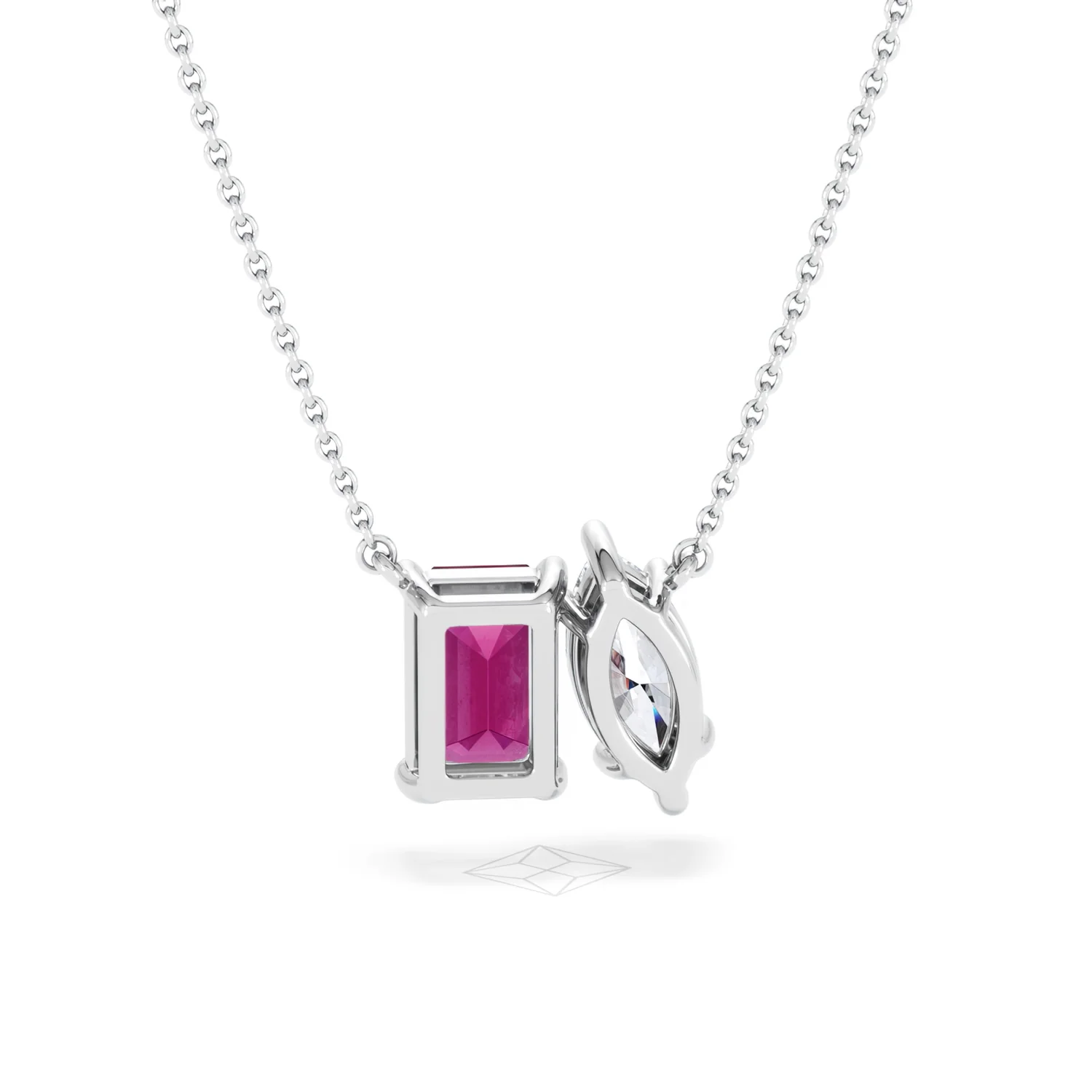 Toi Et Moi 1.50ct Marquise Lab Diamond and 2.50ct Emerald Cut Lab Ruby Necklace in 18K White Gold - Image 50