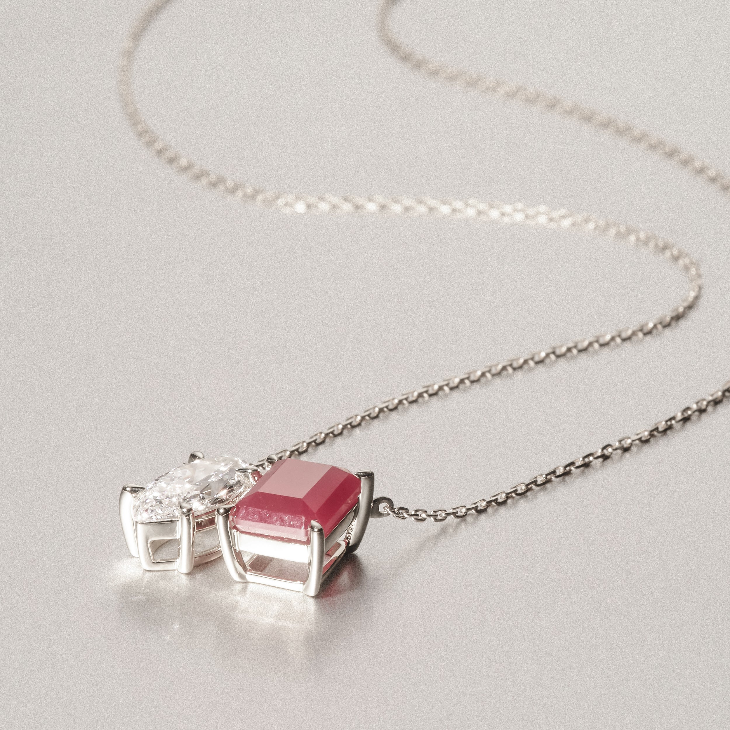 Toi Et Moi 1.50ct Marquise Lab Diamond and 2.50ct Emerald Cut Lab Ruby Necklace in 18K White Gold - Image 6