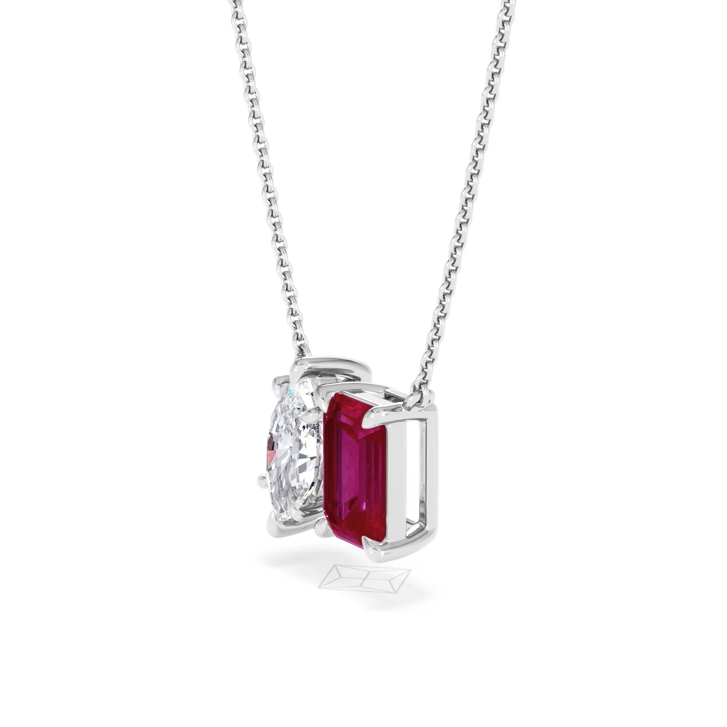 Toi Et Moi 1.50ct Marquise Lab Diamond and 2.50ct Emerald Cut Lab Ruby Necklace in 18K White Gold - Image 76