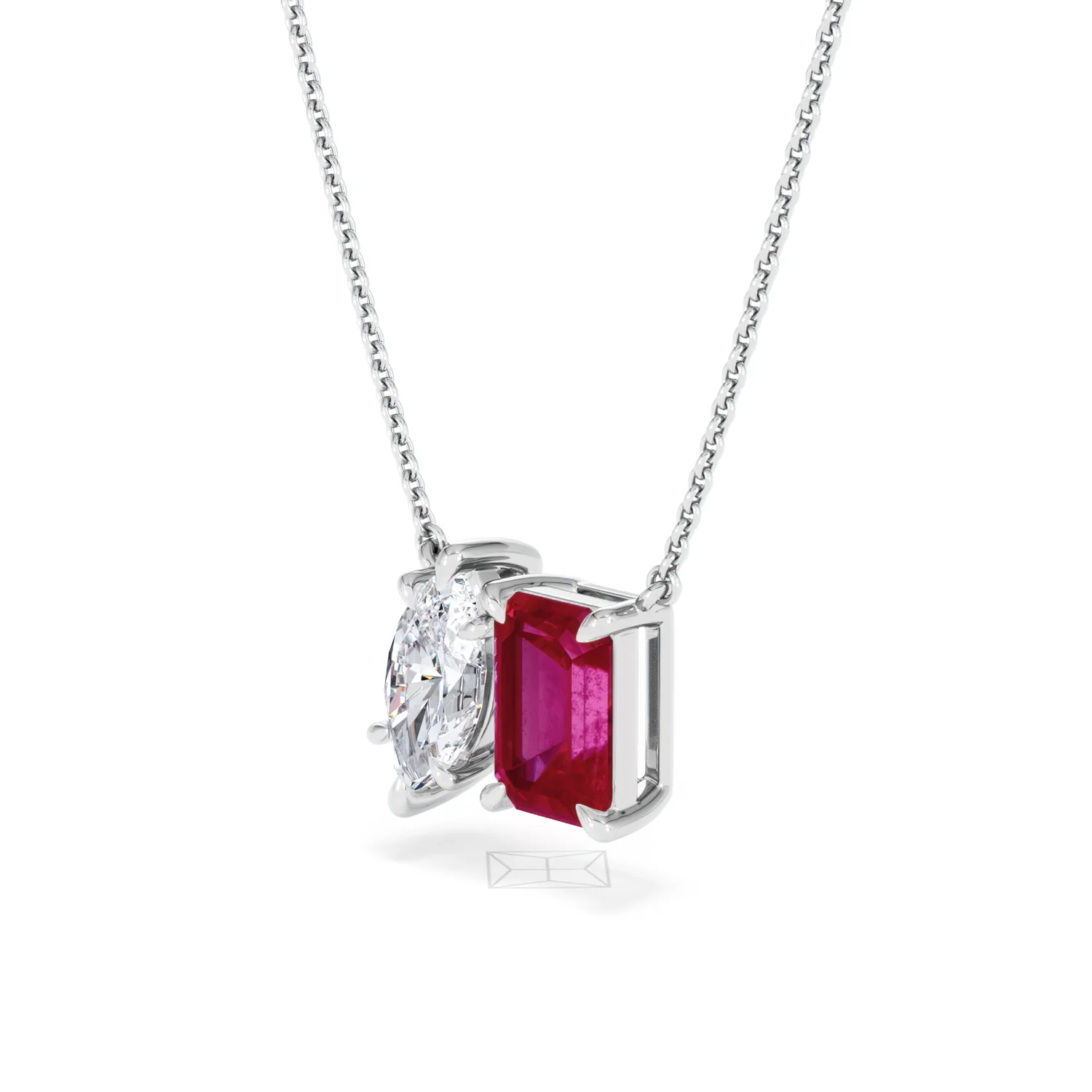 Toi Et Moi 1.50ct Marquise Lab Diamond and 2.50ct Emerald Cut Lab Ruby Necklace in 18K White Gold - Image 79