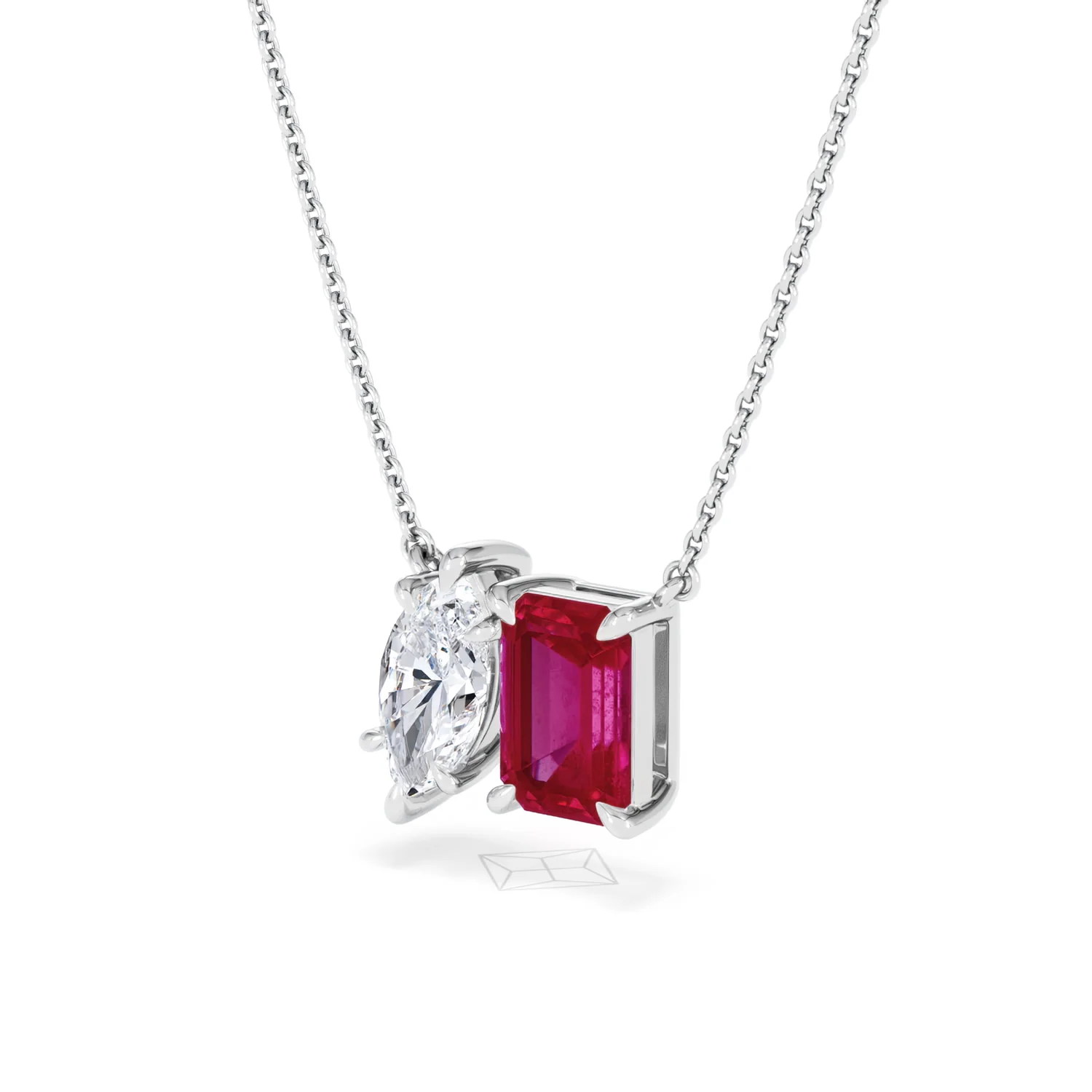 Toi Et Moi 1.50ct Marquise Lab Diamond and 2.50ct Emerald Cut Lab Ruby Necklace in 18K White Gold - Image 81