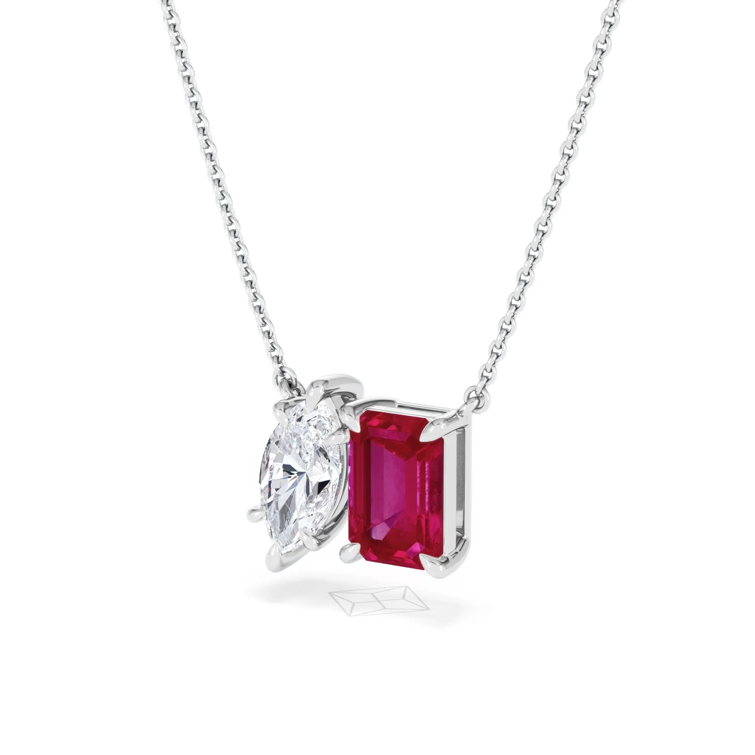 Toi Et Moi 1.50ct Marquise Lab Diamond and 2.50ct Emerald Cut Lab Ruby Necklace in 18K White Gold - Image 82