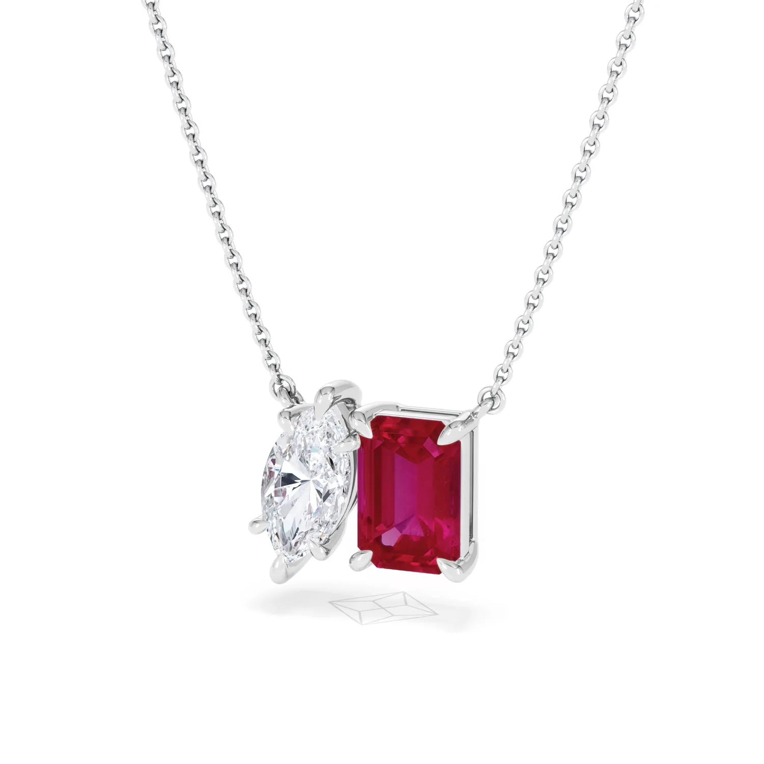 Toi Et Moi 1.50ct Marquise Lab Diamond and 2.50ct Emerald Cut Lab Ruby Necklace in 18K White Gold - Image 84