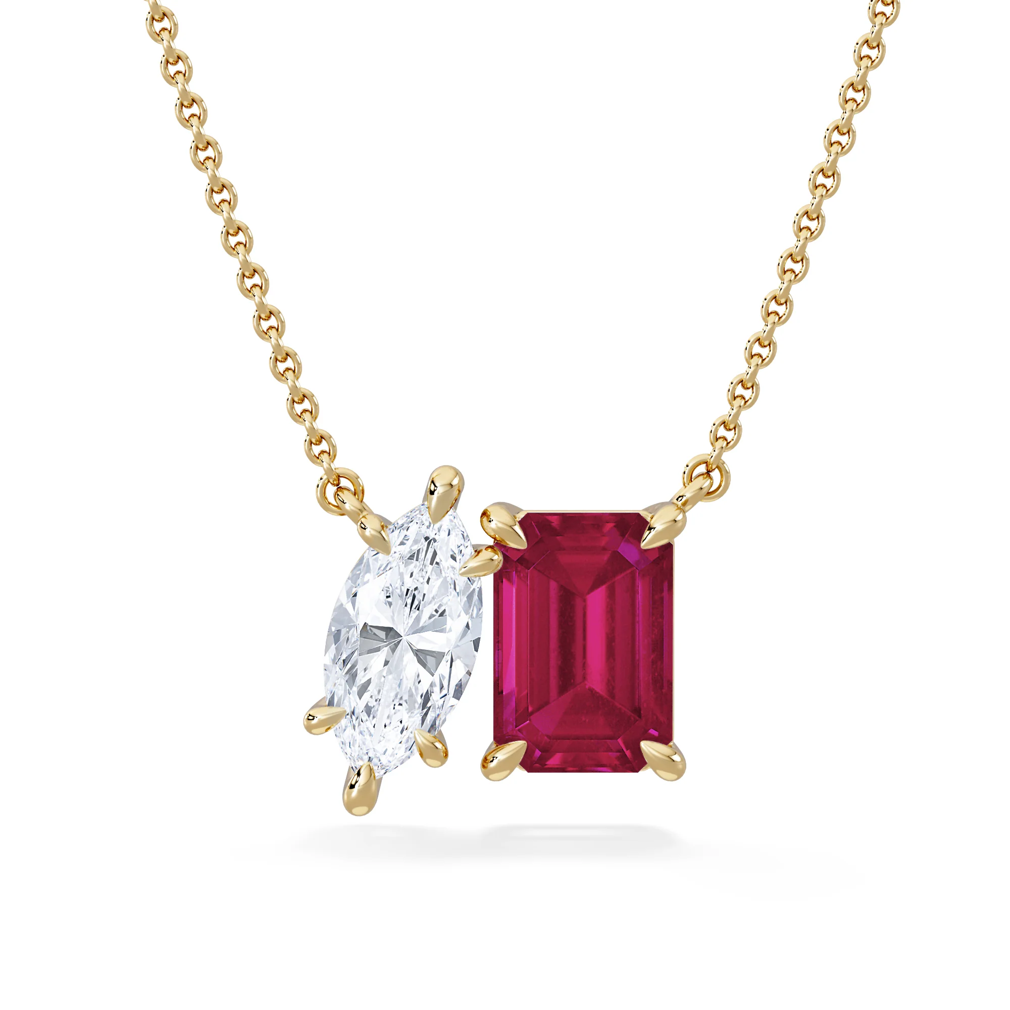 Toi Et Moi 1.50ct Marquise Lab Diamond and 2.50ct Emerald Cut Lab Ruby Necklace in 18K Yellow Gold