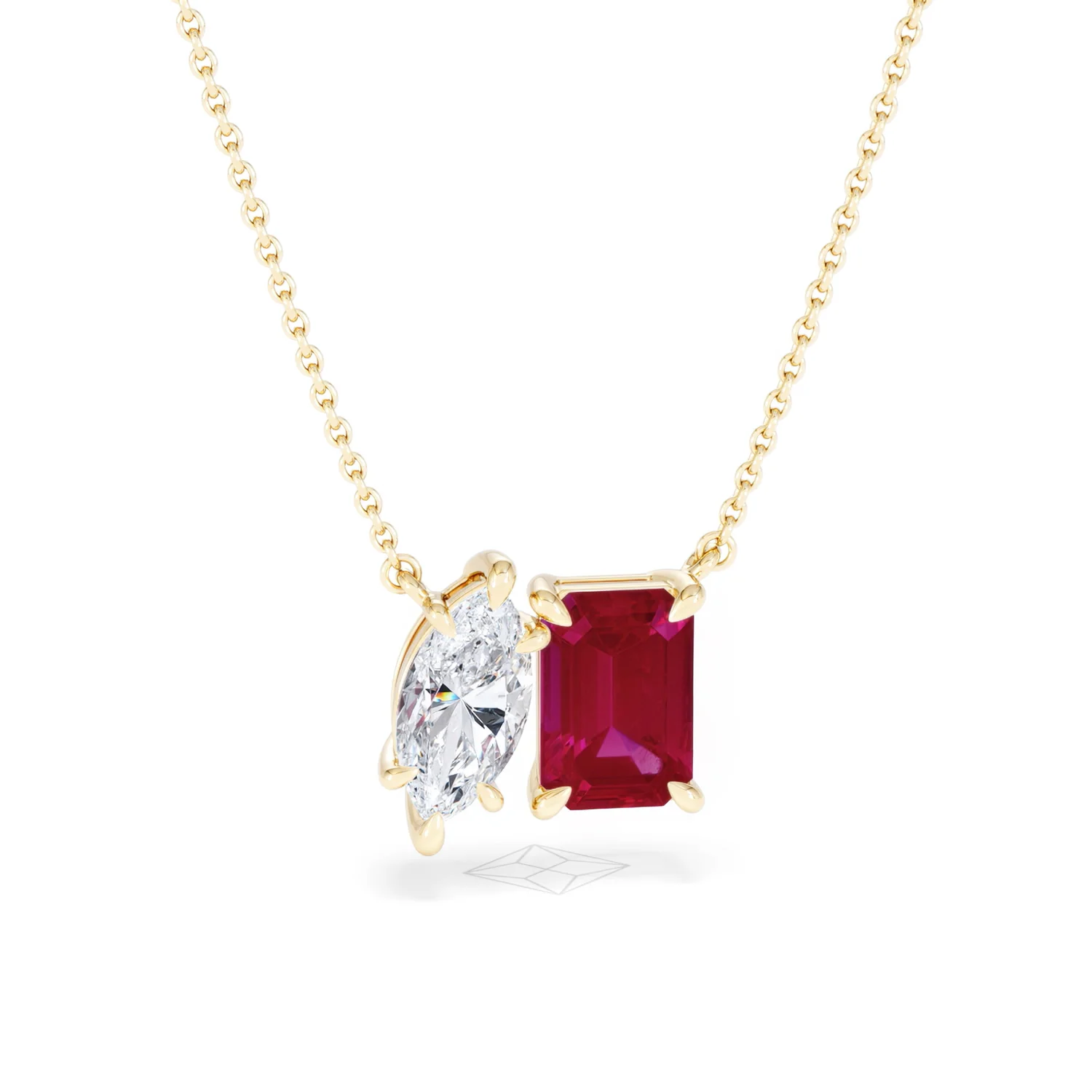 Toi Et Moi 1.50ct Marquise Lab Diamond and 2.50ct Emerald Cut Lab Ruby Necklace in 18K Yellow Gold - Image 11
