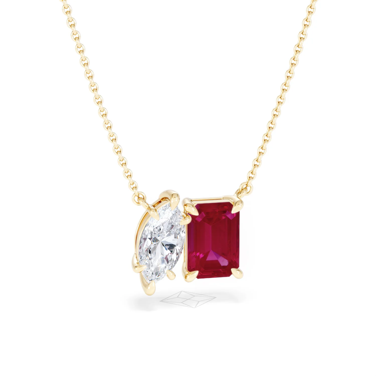 Toi Et Moi 1.50ct Marquise Lab Diamond and 2.50ct Emerald Cut Lab Ruby Necklace in 18K Yellow Gold - Image 12