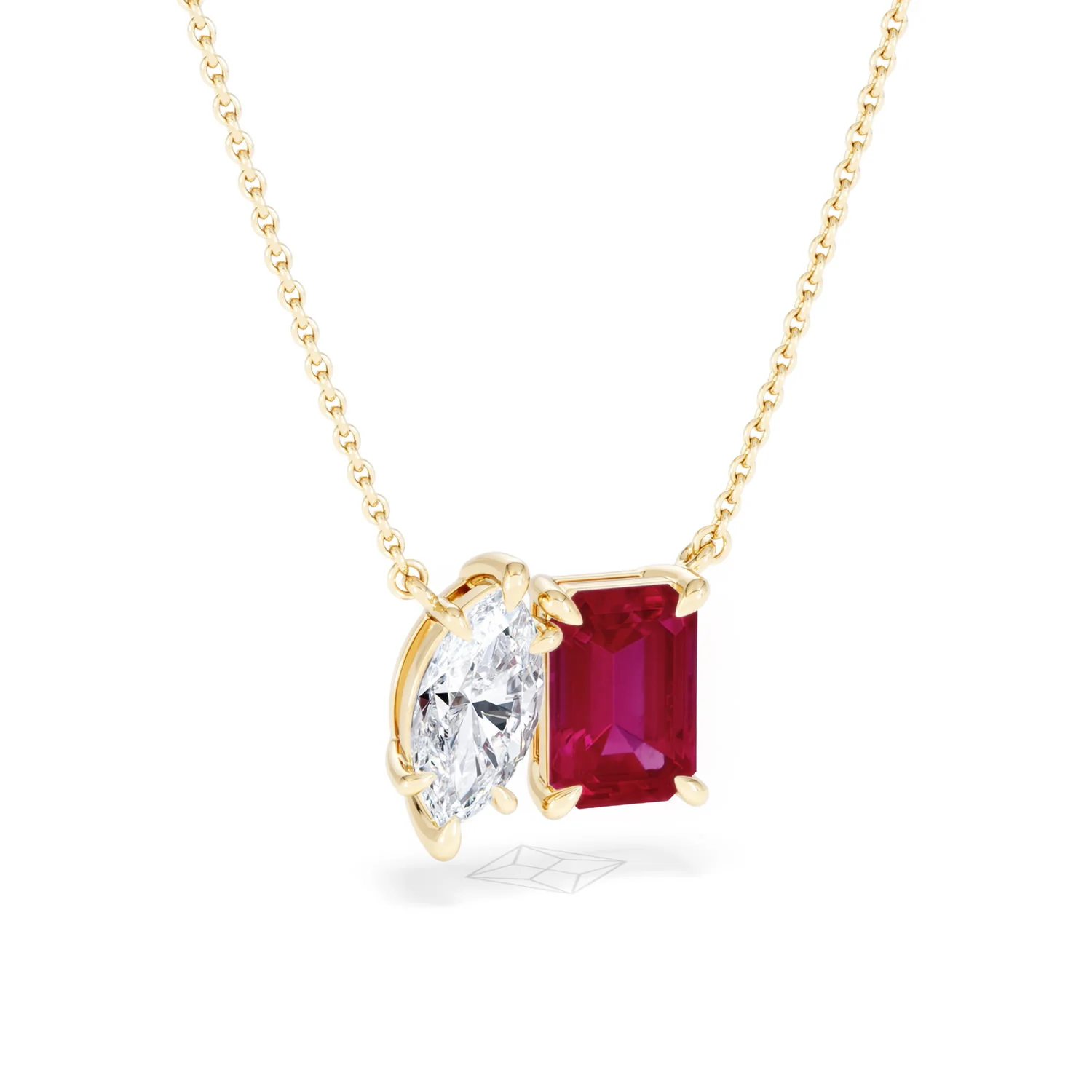 Toi Et Moi 1.50ct Marquise Lab Diamond and 2.50ct Emerald Cut Lab Ruby Necklace in 18K Yellow Gold - Image 13