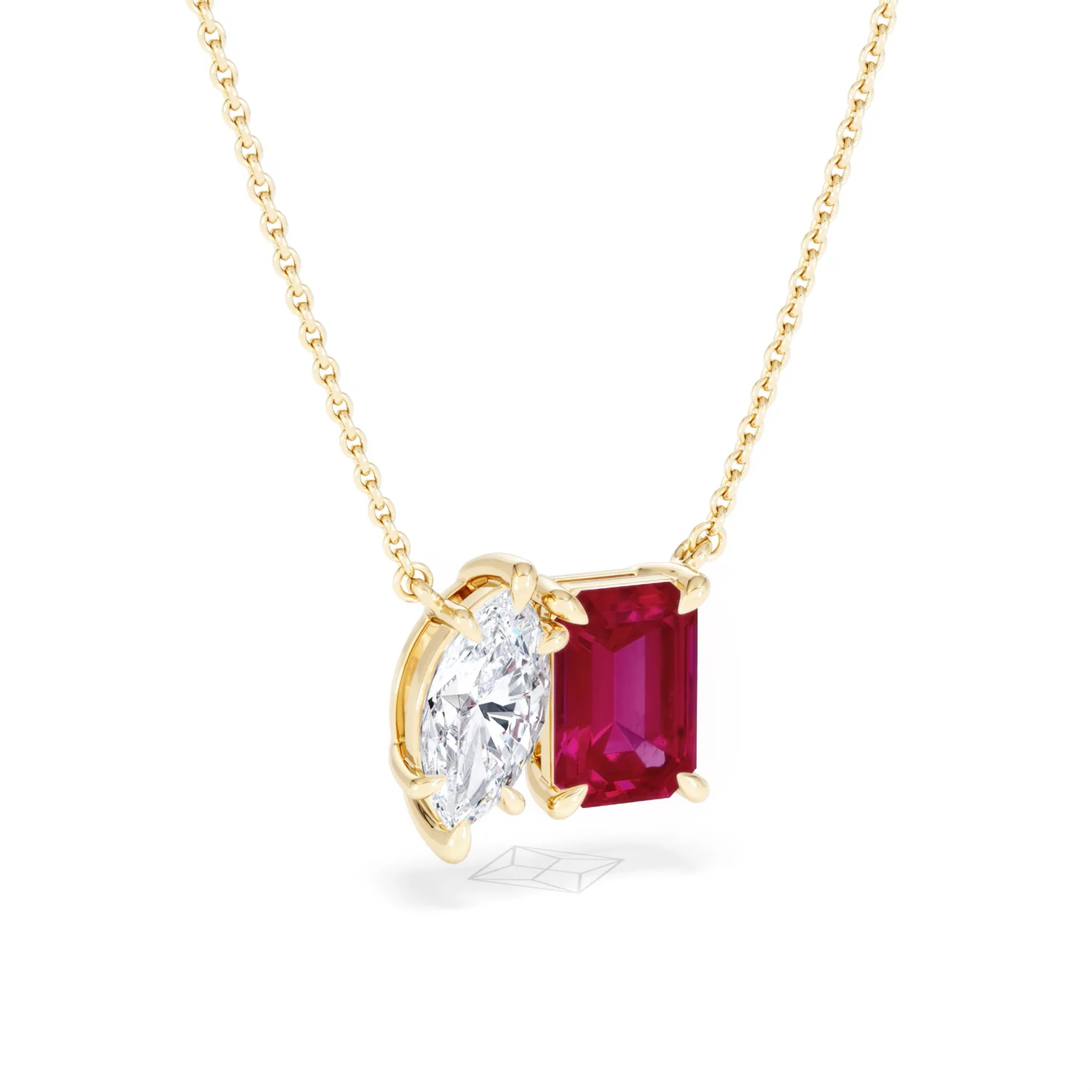 Toi Et Moi 1.50ct Marquise Lab Diamond and 2.50ct Emerald Cut Lab Ruby Necklace in 18K Yellow Gold - Image 14