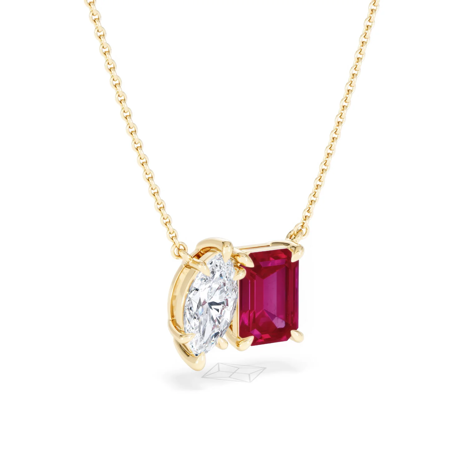 Toi Et Moi 1.50ct Marquise Lab Diamond and 2.50ct Emerald Cut Lab Ruby Necklace in 18K Yellow Gold - Image 15