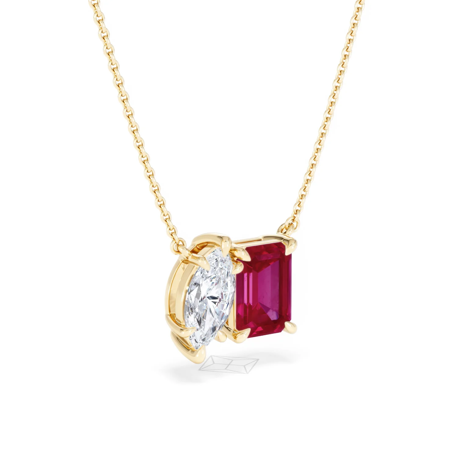 Toi Et Moi 1.50ct Marquise Lab Diamond and 2.50ct Emerald Cut Lab Ruby Necklace in 18K Yellow Gold - Image 16