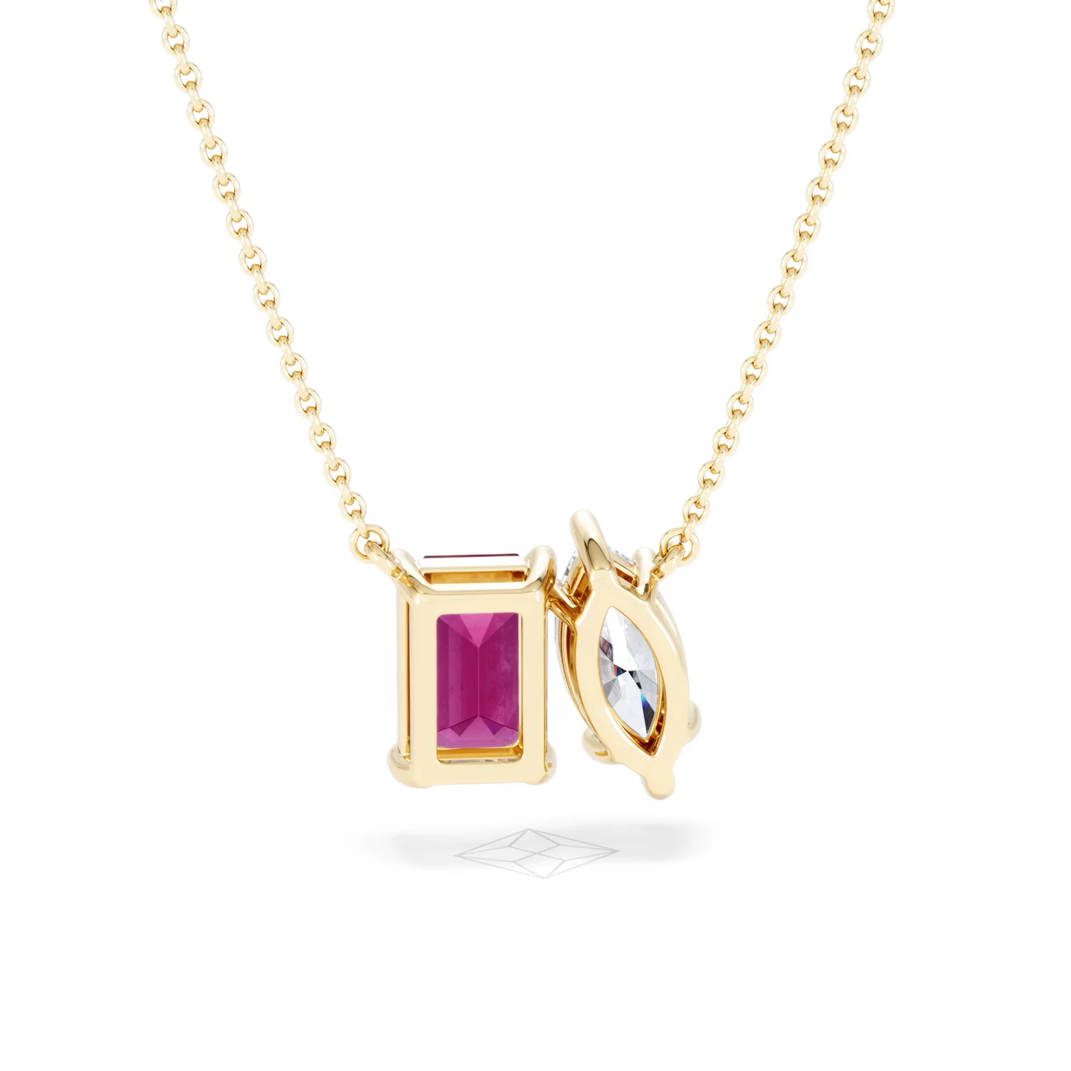 Toi Et Moi 1.50ct Marquise Lab Diamond and 2.50ct Emerald Cut Lab Ruby Necklace in 18K Yellow Gold - Image 50