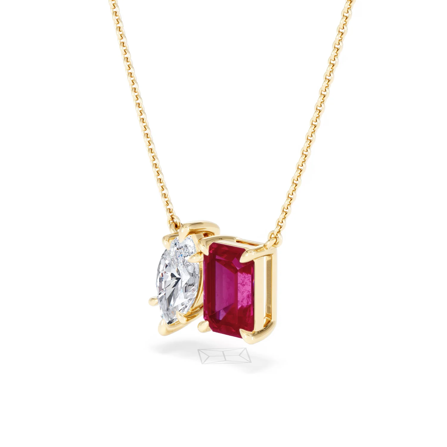Toi Et Moi 1.50ct Marquise Lab Diamond and 2.50ct Emerald Cut Lab Ruby Necklace in 18K Yellow Gold - Image 80