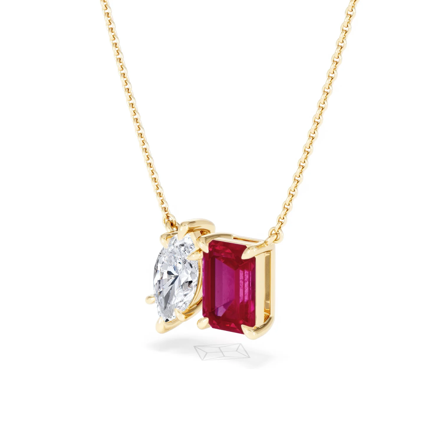 Toi Et Moi 1.50ct Marquise Lab Diamond and 2.50ct Emerald Cut Lab Ruby Necklace in 18K Yellow Gold - Image 81