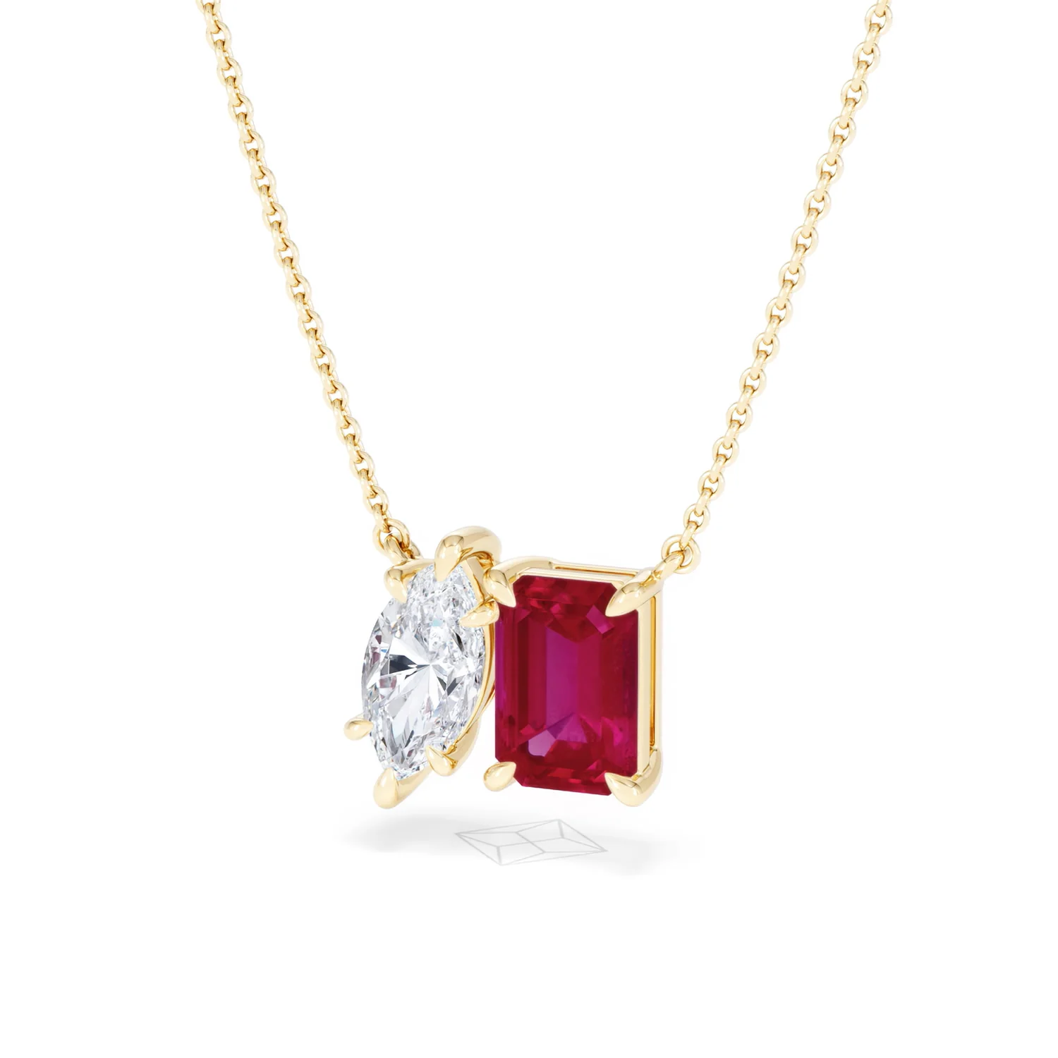Toi Et Moi 1.50ct Marquise Lab Diamond and 2.50ct Emerald Cut Lab Ruby Necklace in 18K Yellow Gold - Image 84