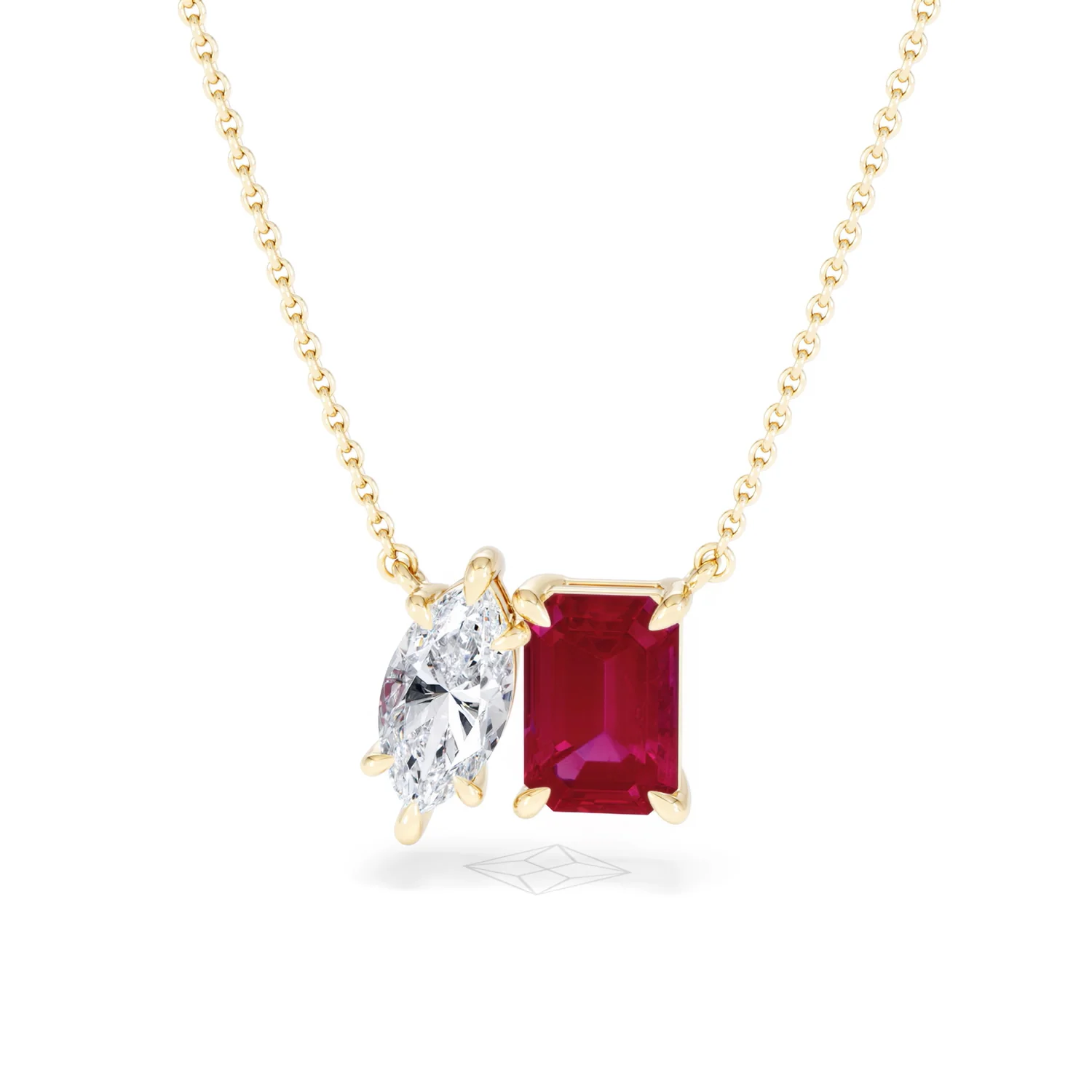 Toi Et Moi 1.50ct Marquise Lab Diamond and 2.50ct Emerald Cut Lab Ruby Necklace in 18K Yellow Gold - Image 87