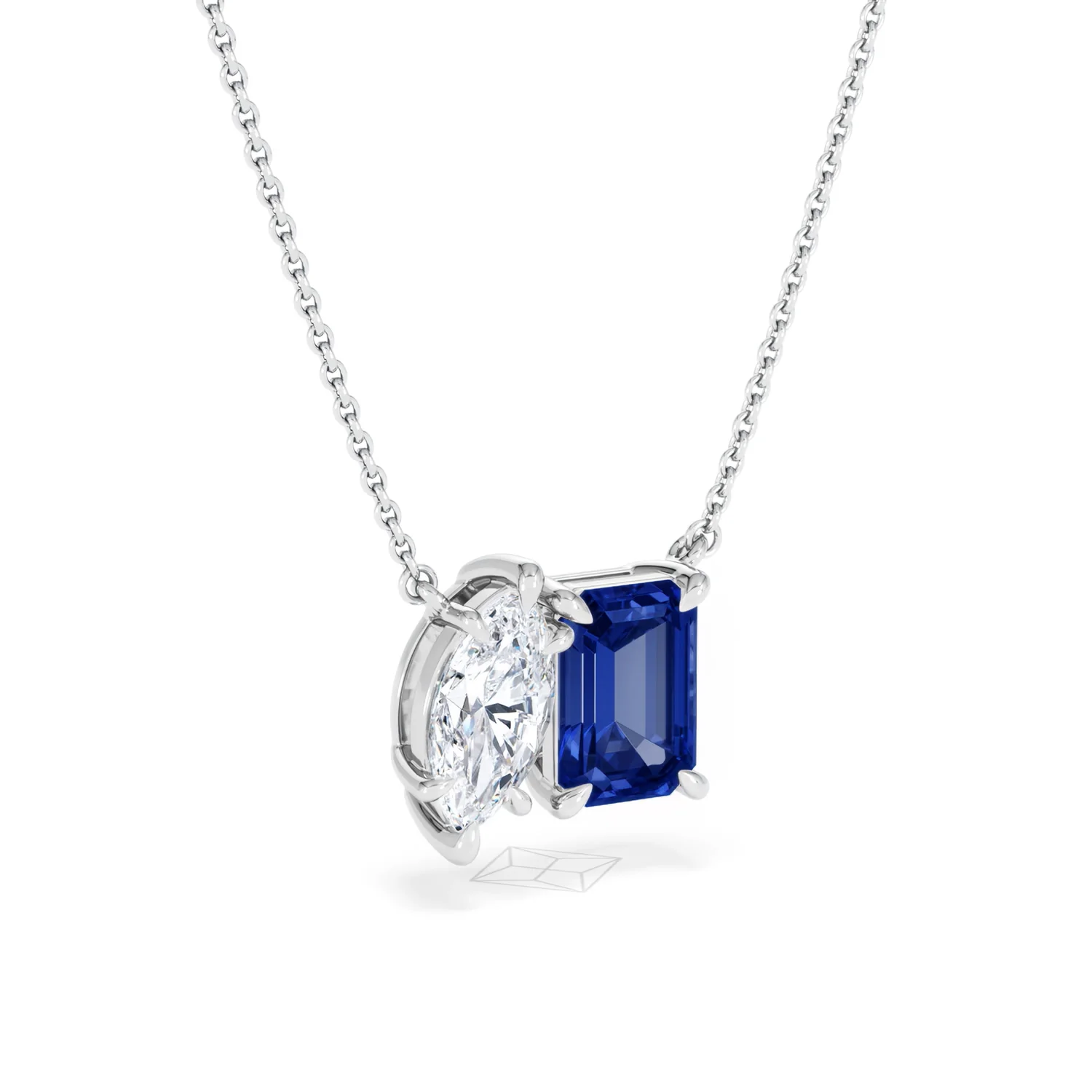 Toi Et Moi 1.50ct Marquise Lab Diamond and 2.50ct Emerald Cut Lab Sapphire Necklace in 18K White Gold - Image 15