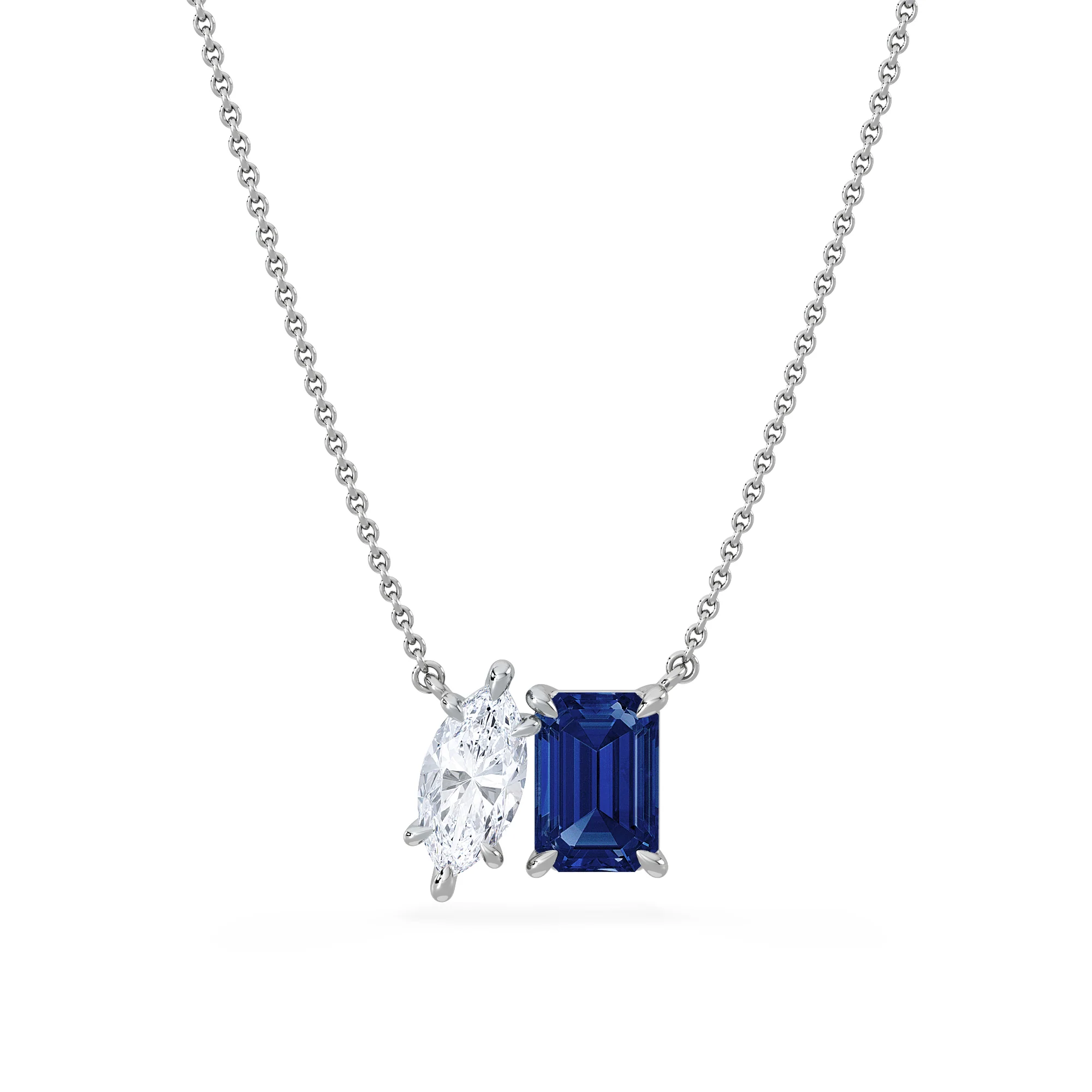 Toi Et Moi 1.50ct Marquise Lab Diamond and 2.50ct Emerald Cut Lab Sapphire Necklace in 18K White Gold - Image 3
