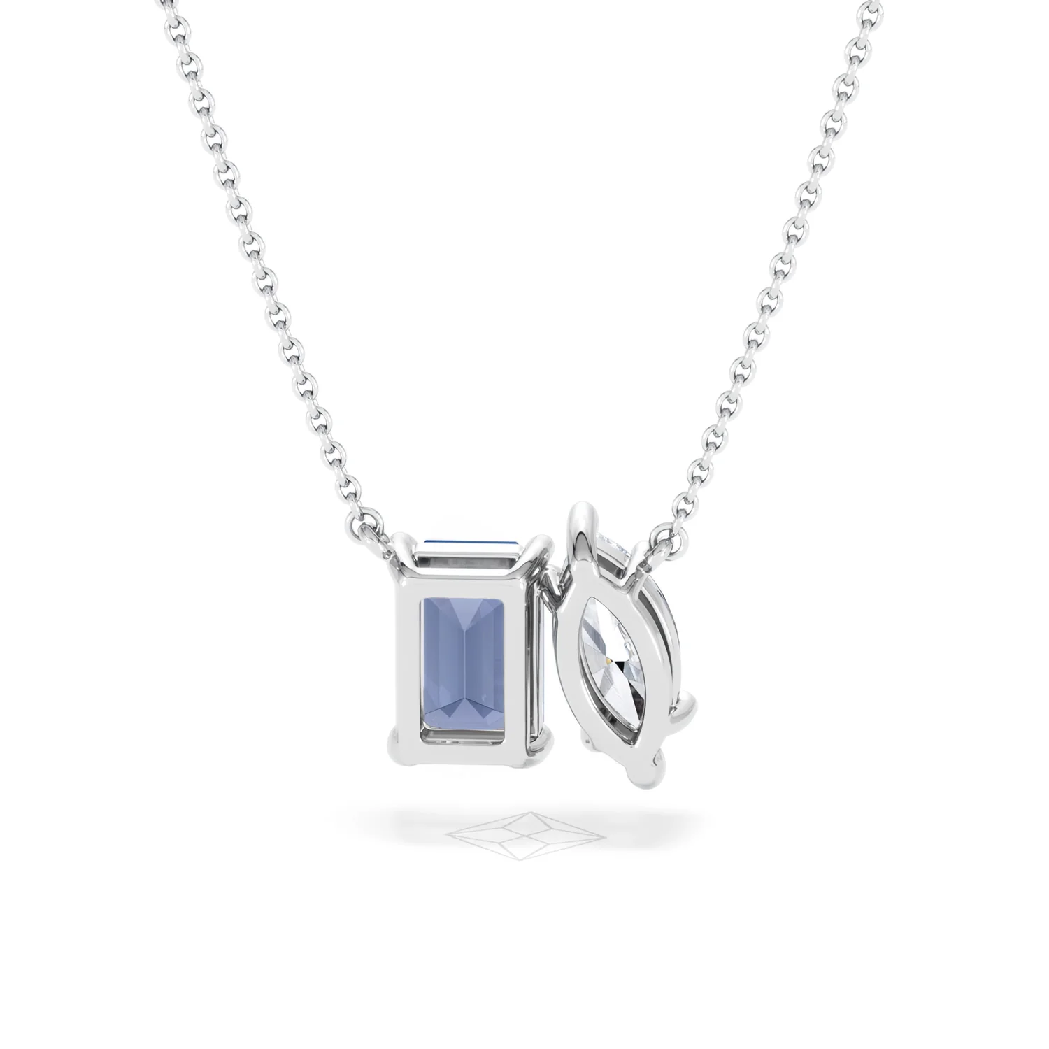 Toi Et Moi 1.50ct Marquise Lab Diamond and 2.50ct Emerald Cut Lab Sapphire Necklace in 18K White Gold - Image 48