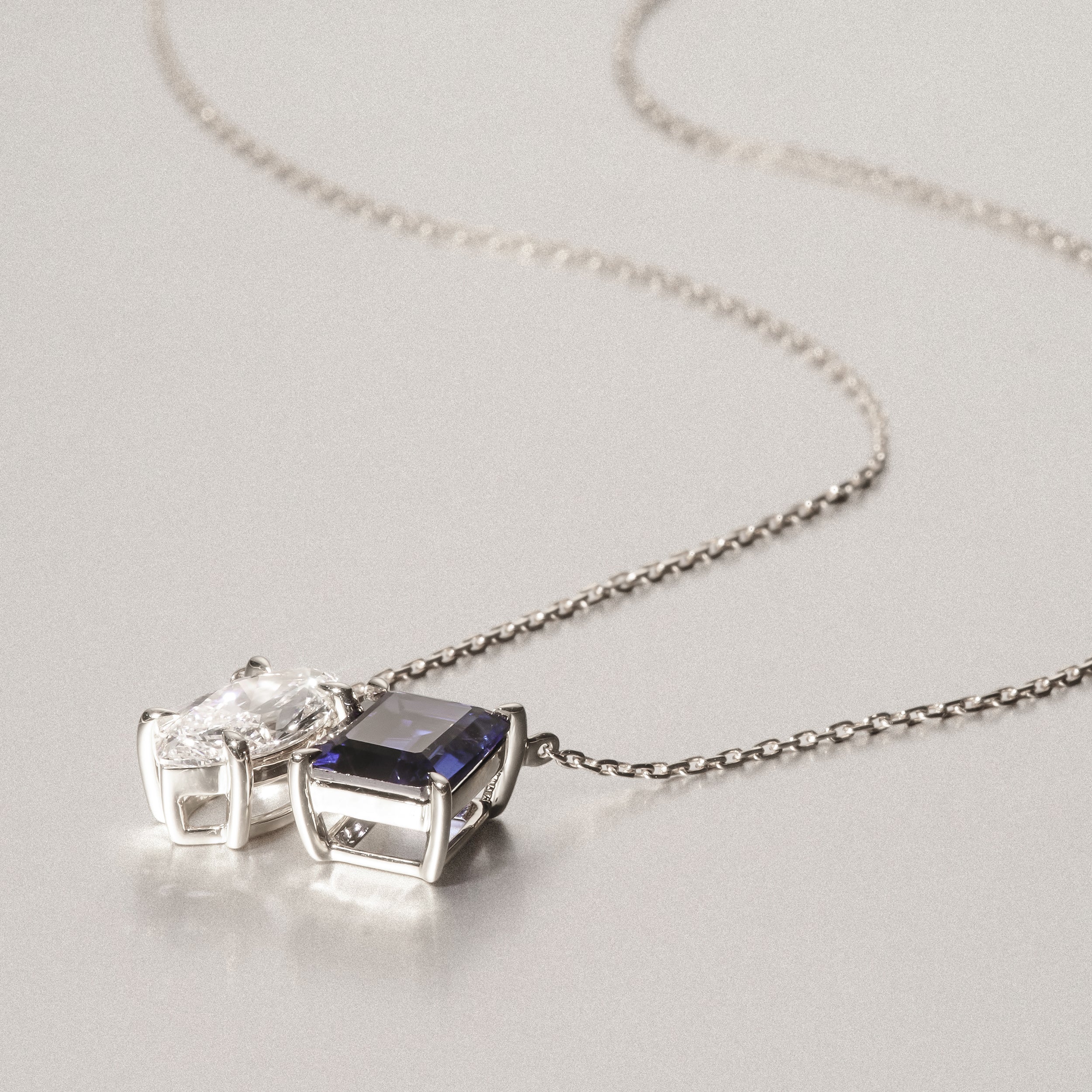 Toi Et Moi 1.50ct Marquise Lab Diamond and 2.50ct Emerald Cut Lab Sapphire Necklace in 18K White Gold - Image 8