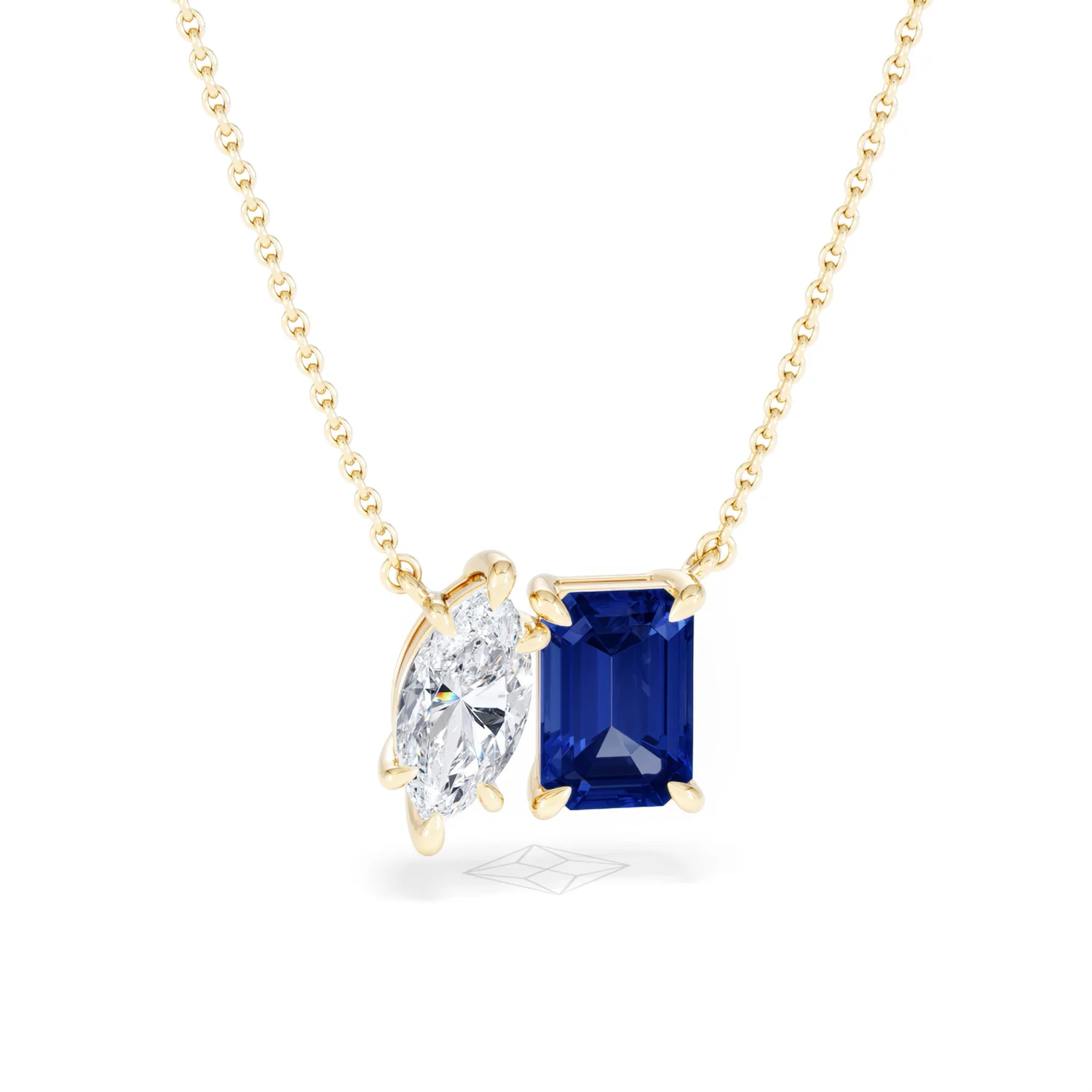 Toi Et Moi 1.50ct Marquise Lab Diamond and 2.50ct Emerald Cut Lab Sapphire Necklace in 18K Yellow Gold - Image 11