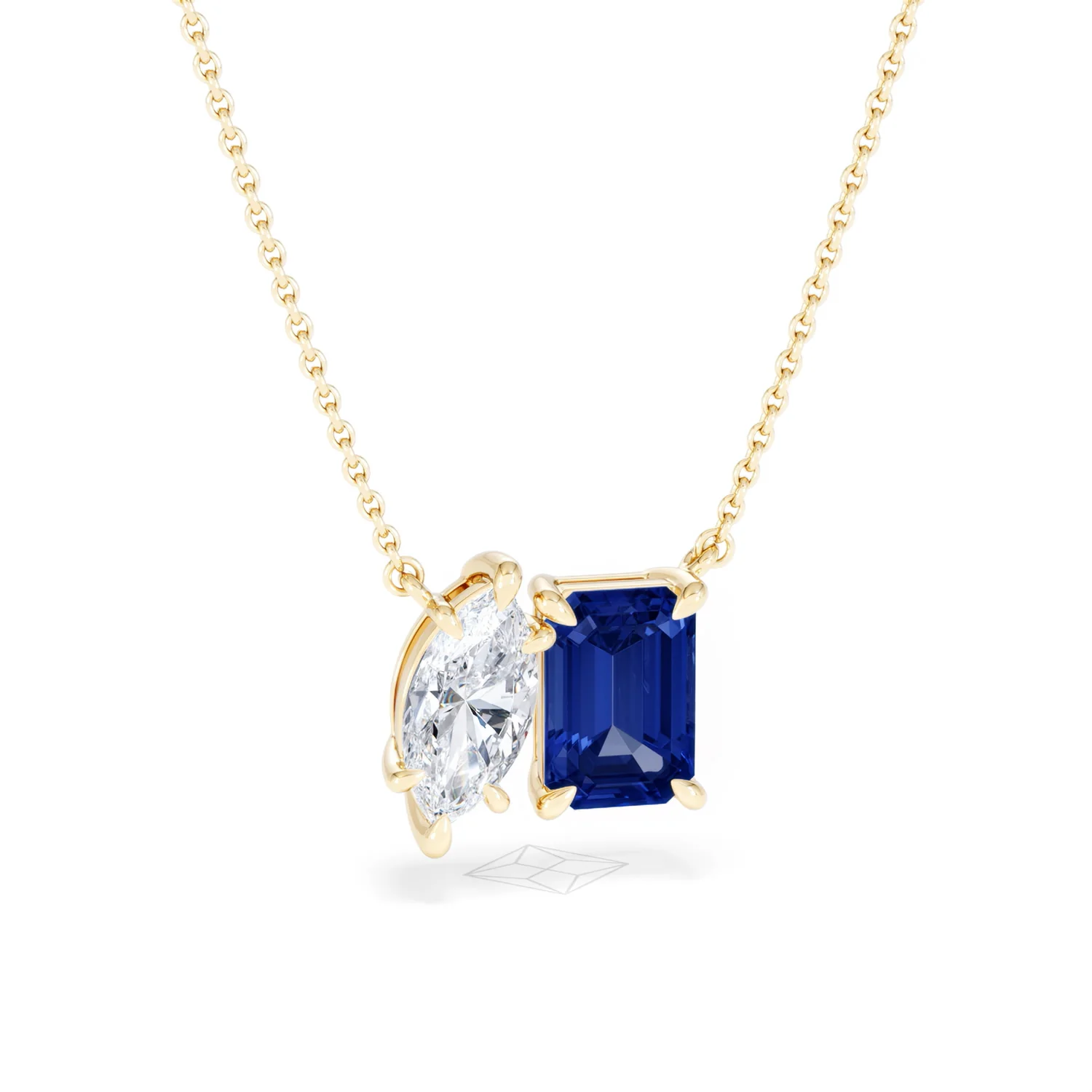 Toi Et Moi 1.50ct Marquise Lab Diamond and 2.50ct Emerald Cut Lab Sapphire Necklace in 18K Yellow Gold - Image 12
