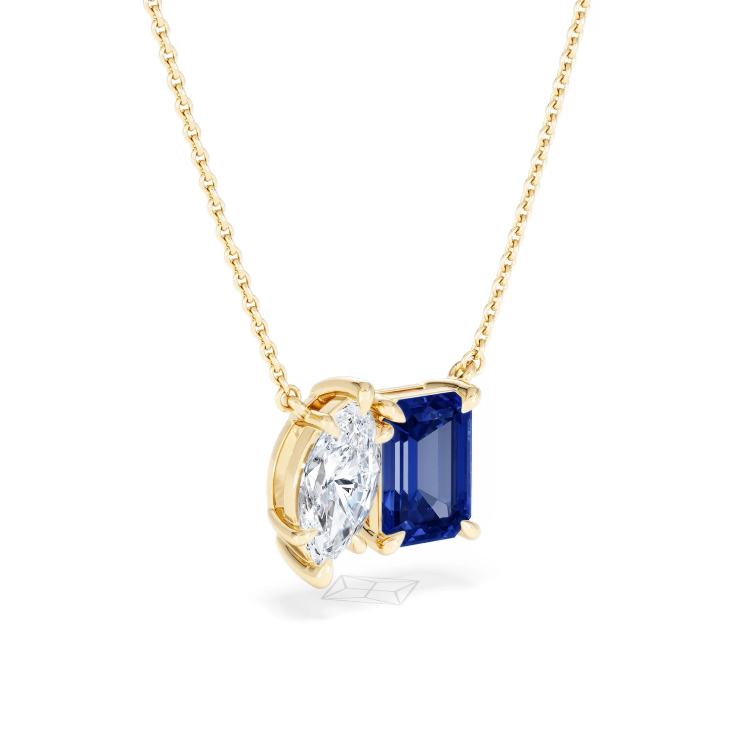 Toi Et Moi 1.50ct Marquise Lab Diamond and 2.50ct Emerald Cut Lab Sapphire Necklace in 18K Yellow Gold - Image 16
