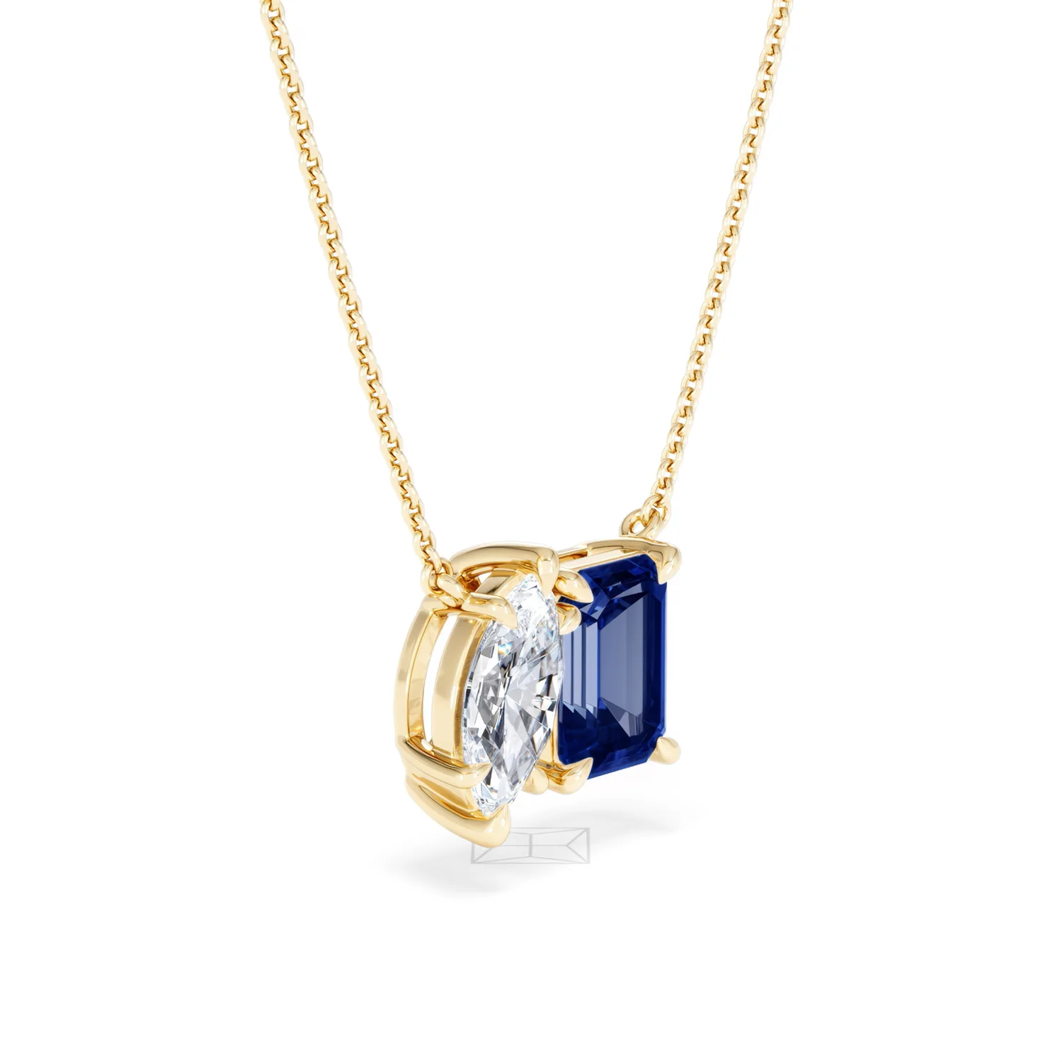 Toi Et Moi 1.50ct Marquise Lab Diamond and 2.50ct Emerald Cut Lab Sapphire Necklace in 18K Yellow Gold - Image 19