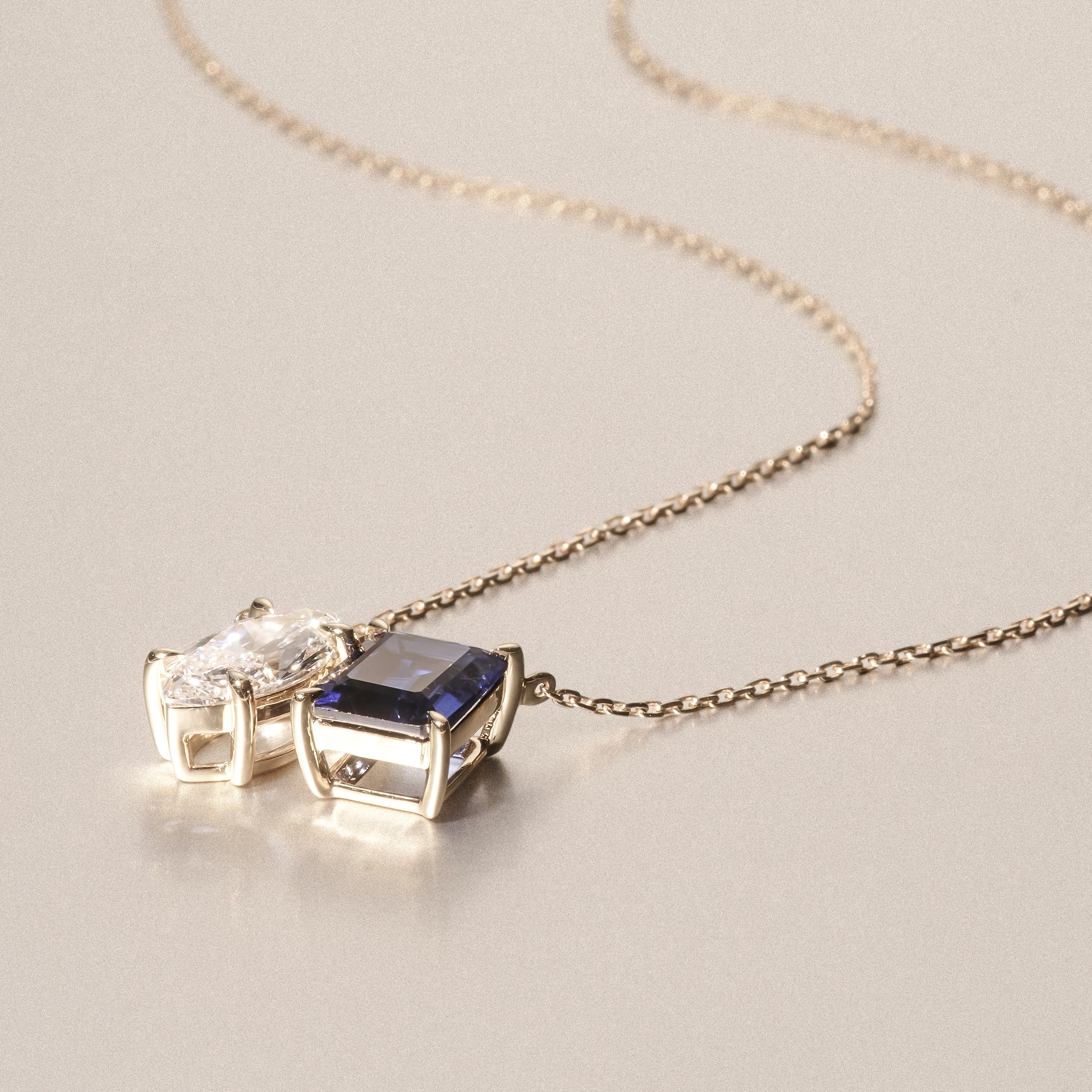 Toi Et Moi 1.50ct Marquise Lab Diamond and 2.50ct Emerald Cut Lab Sapphire Necklace in 18K Yellow Gold - Image 6