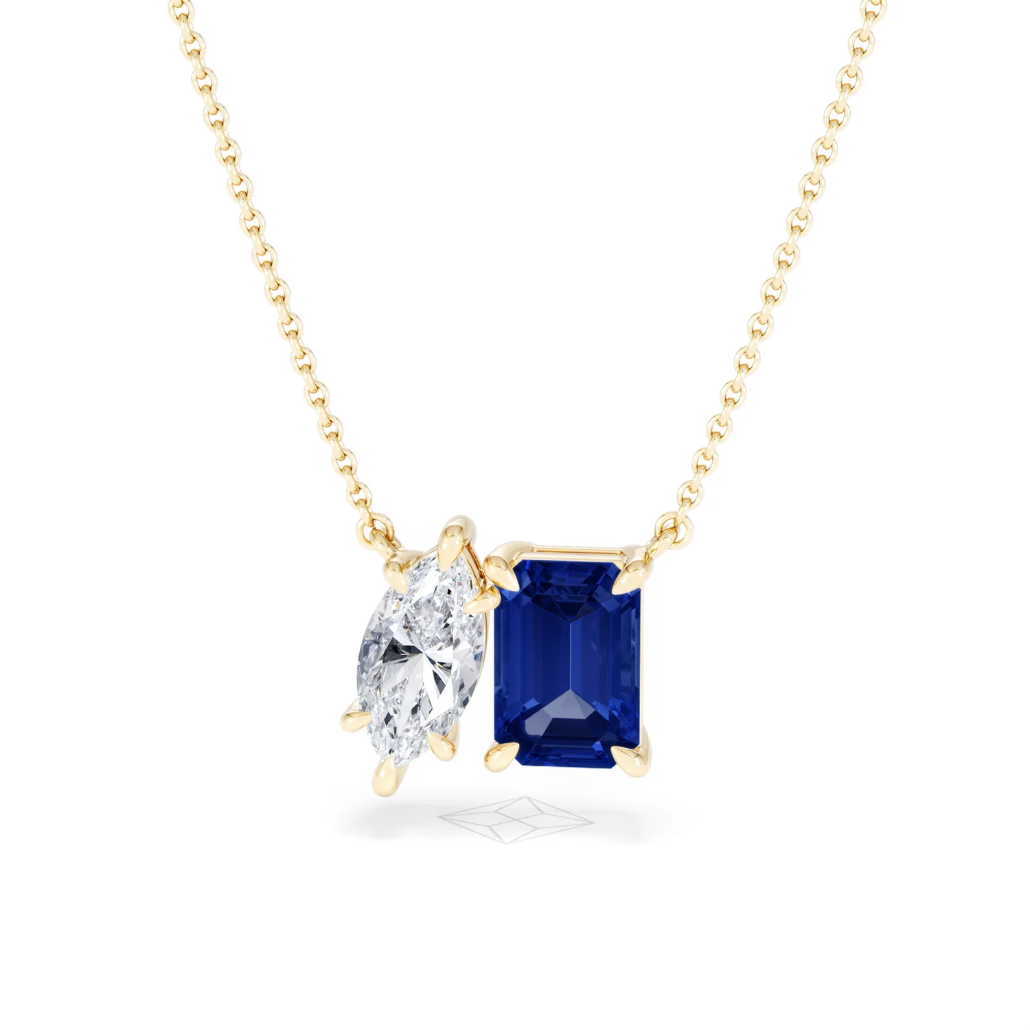 Toi Et Moi 1.50ct Marquise Lab Diamond and 2.50ct Emerald Cut Lab Sapphire Necklace in 18K Yellow Gold - Image 87