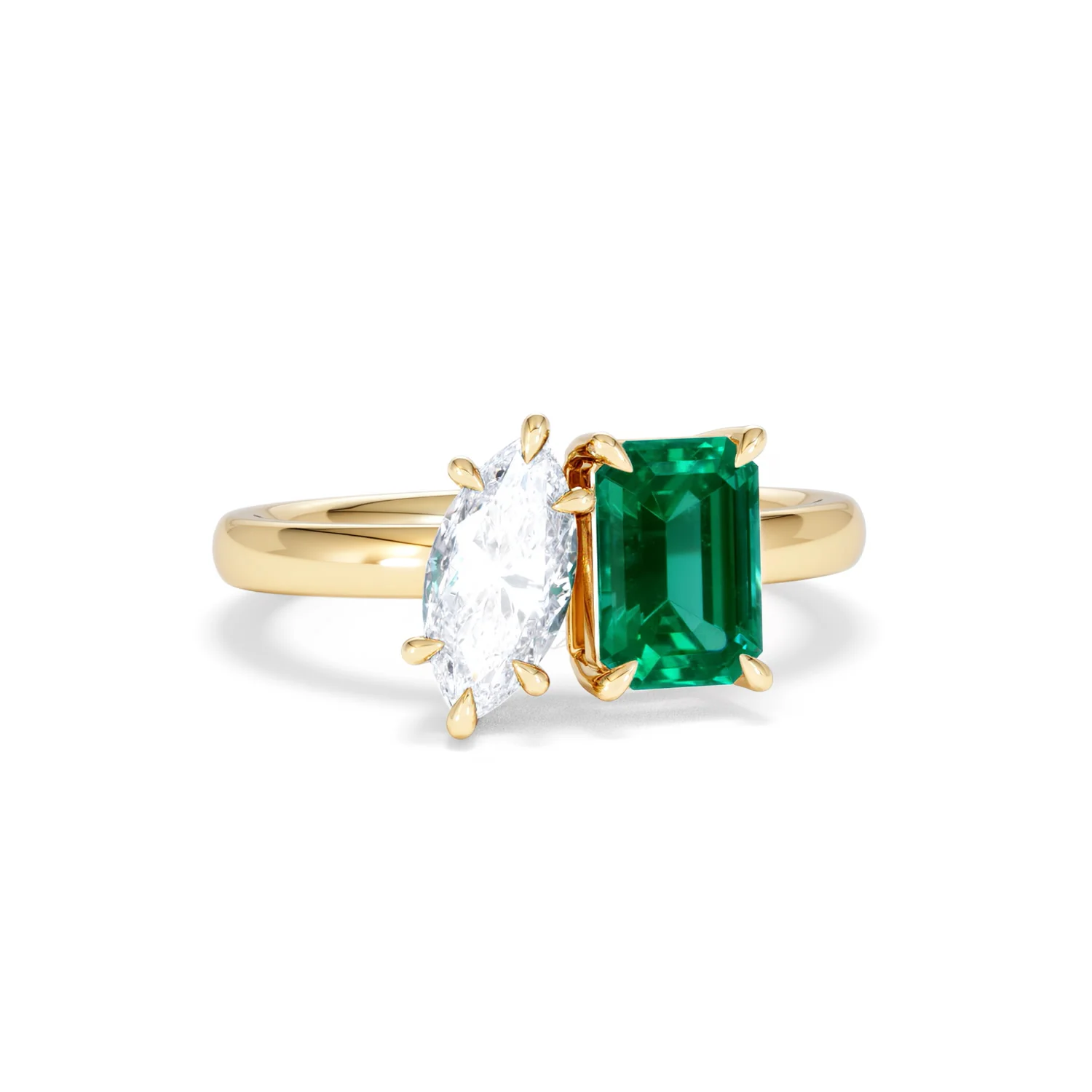 Toi Et Moi 1.50ct Marquise Lab Diamond and 3.30ct Emerald Cut Lab Emerald Engagement Ring in 18K Yellow Gold - Image 11