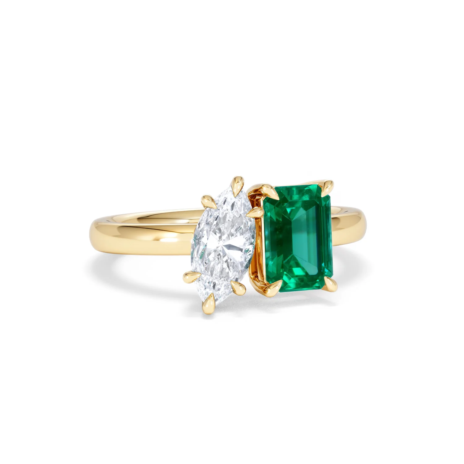Toi Et Moi 1.50ct Marquise Lab Diamond and 3.30ct Emerald Cut Lab Emerald Engagement Ring in 18K Yellow Gold - Image 12