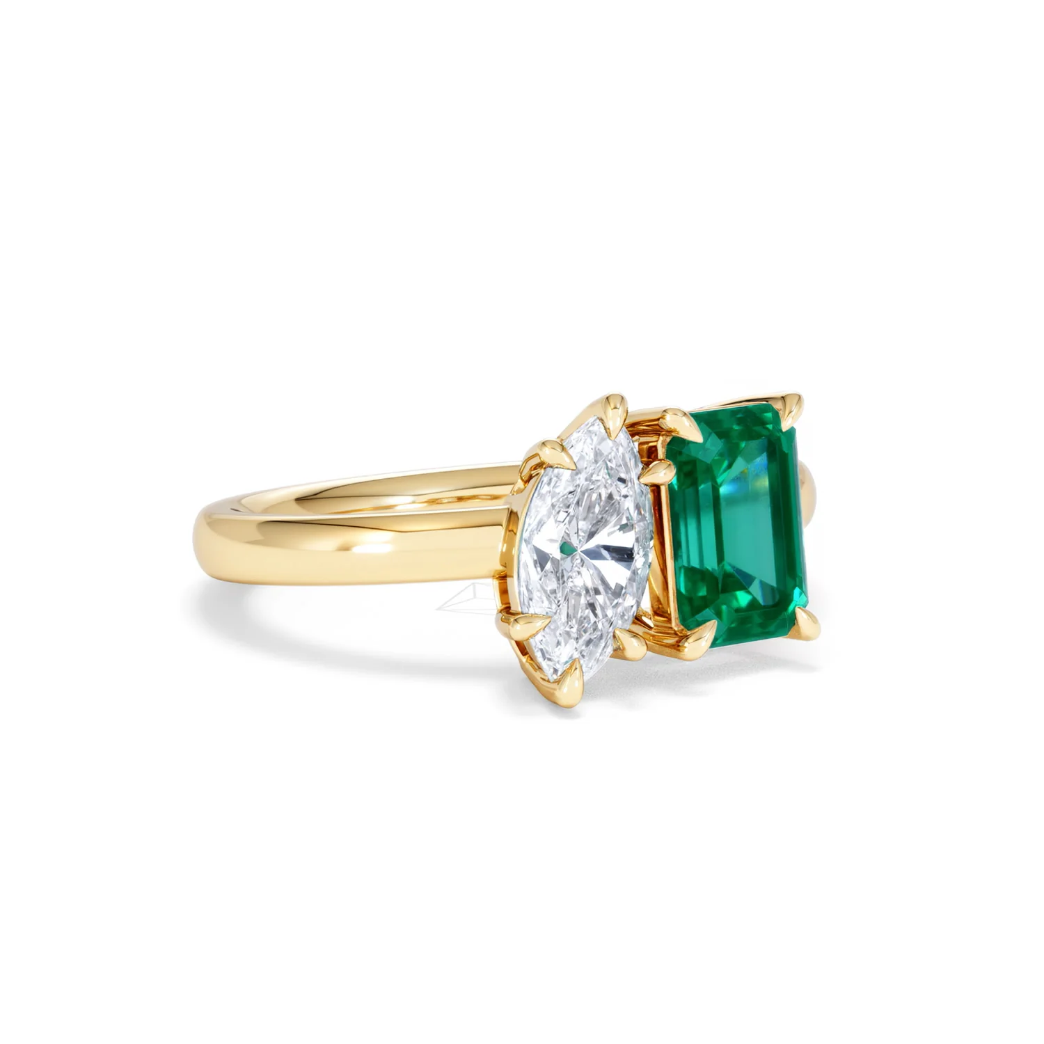 Toi Et Moi 1.50ct Marquise Lab Diamond and 3.30ct Emerald Cut Lab Emerald Engagement Ring in 18K Yellow Gold - Image 15