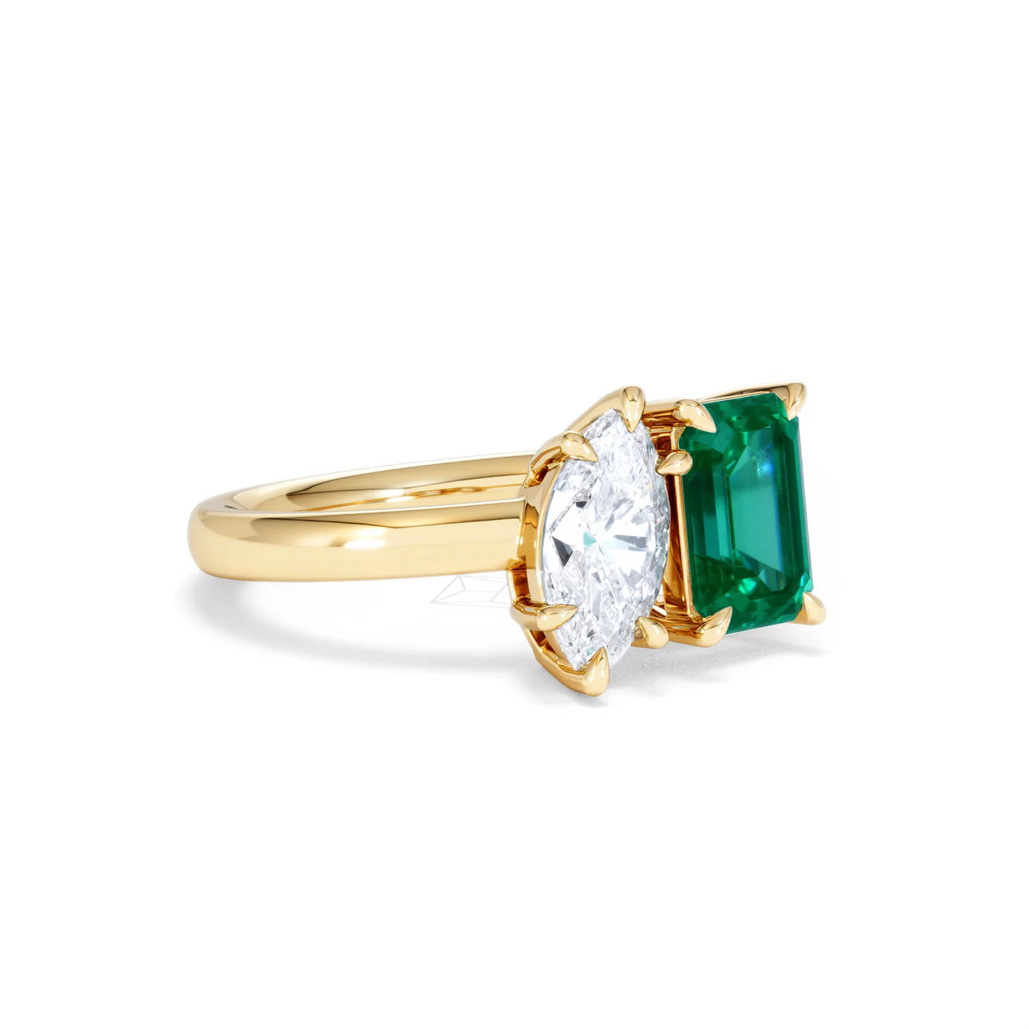 Toi Et Moi 1.50ct Marquise Lab Diamond and 3.30ct Emerald Cut Lab Emerald Engagement Ring in 18K Yellow Gold - Image 16