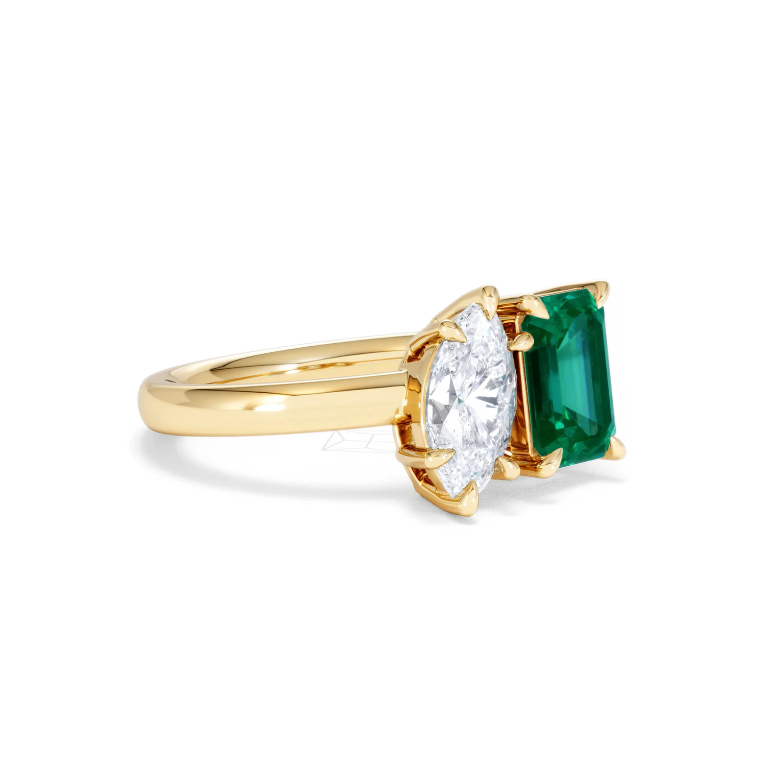Toi Et Moi 1.50ct Marquise Lab Diamond and 3.30ct Emerald Cut Lab Emerald Engagement Ring in 18K Yellow Gold - Image 17