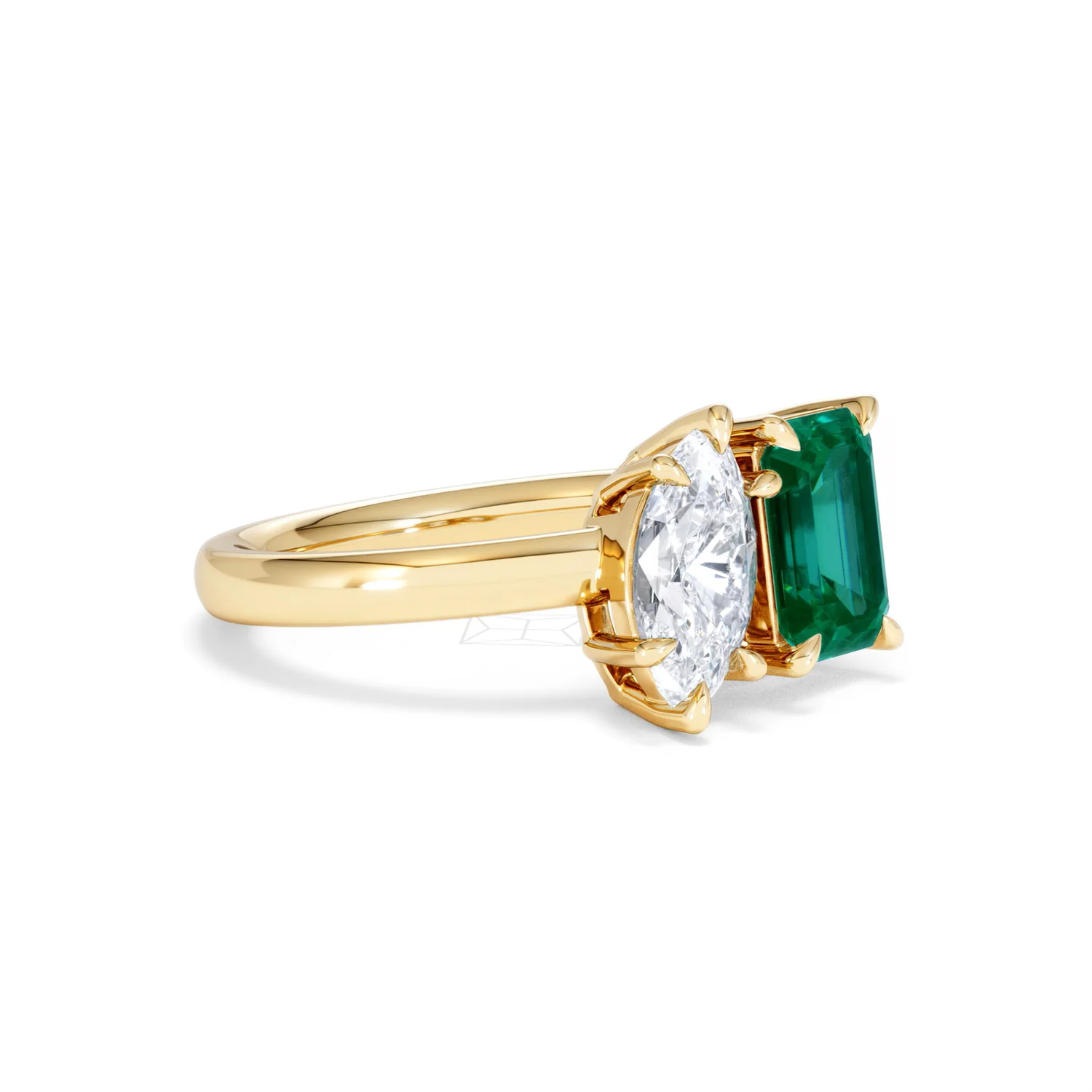 Toi Et Moi 1.50ct Marquise Lab Diamond and 3.30ct Emerald Cut Lab Emerald Engagement Ring in 18K Yellow Gold - Image 18