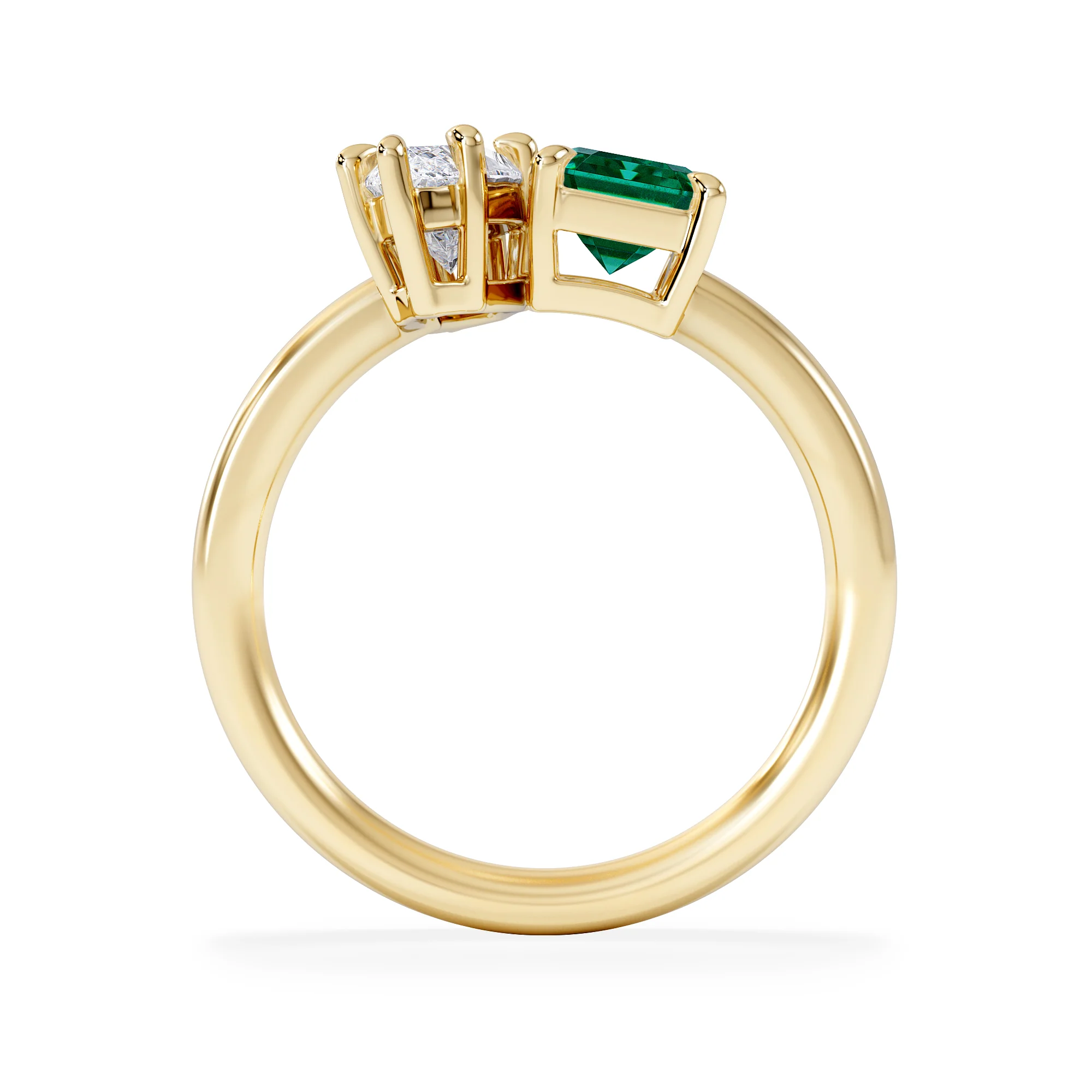 Toi Et Moi 1.50ct Marquise Lab Diamond and 3.30ct Emerald Cut Lab Emerald Engagement Ring in 18K Yellow Gold - Image 3