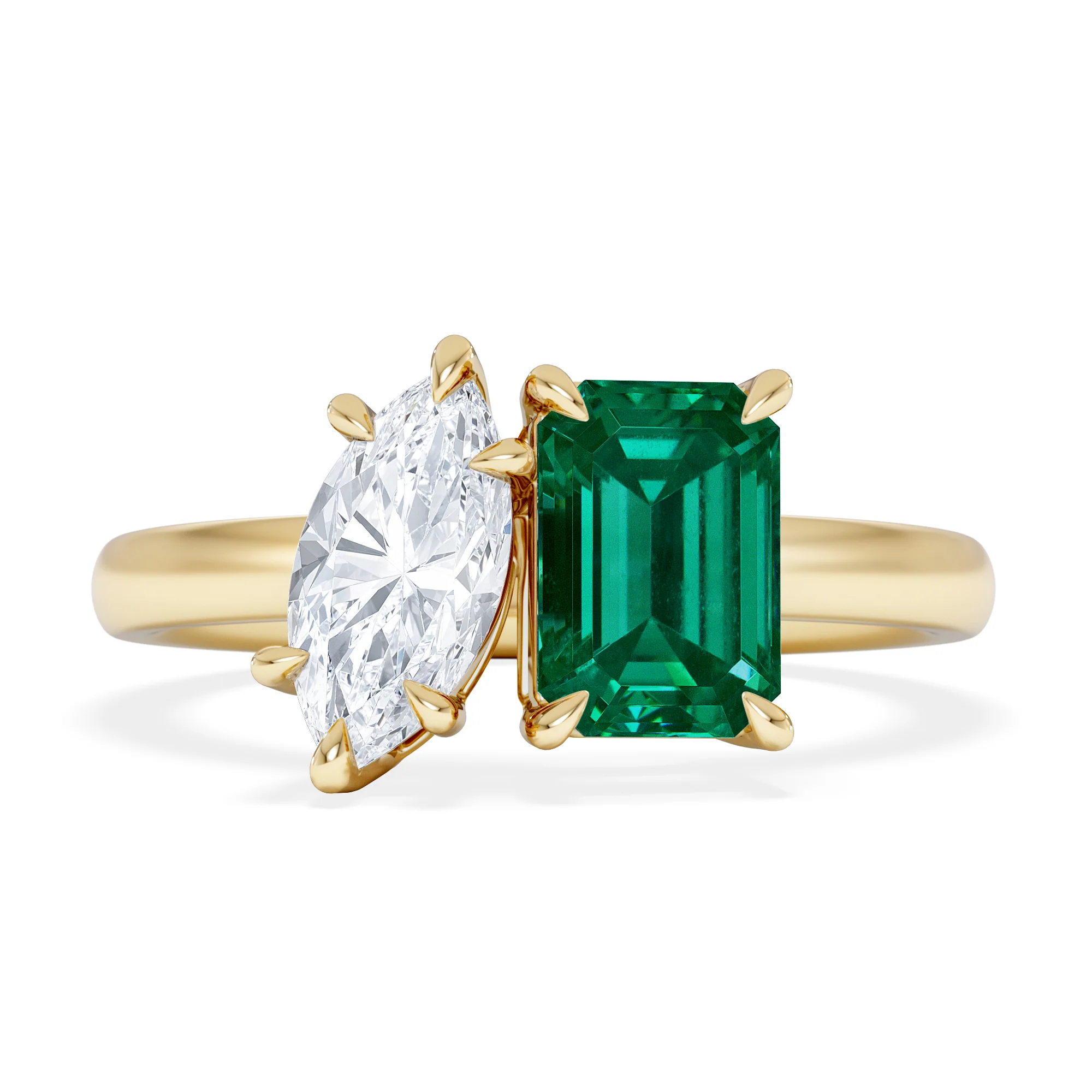 Toi Et Moi 1.50ct Marquise Lab Diamond and 3.30ct Emerald Cut Lab Emerald Engagement Ring in 18K Yellow Gold - Image 7
