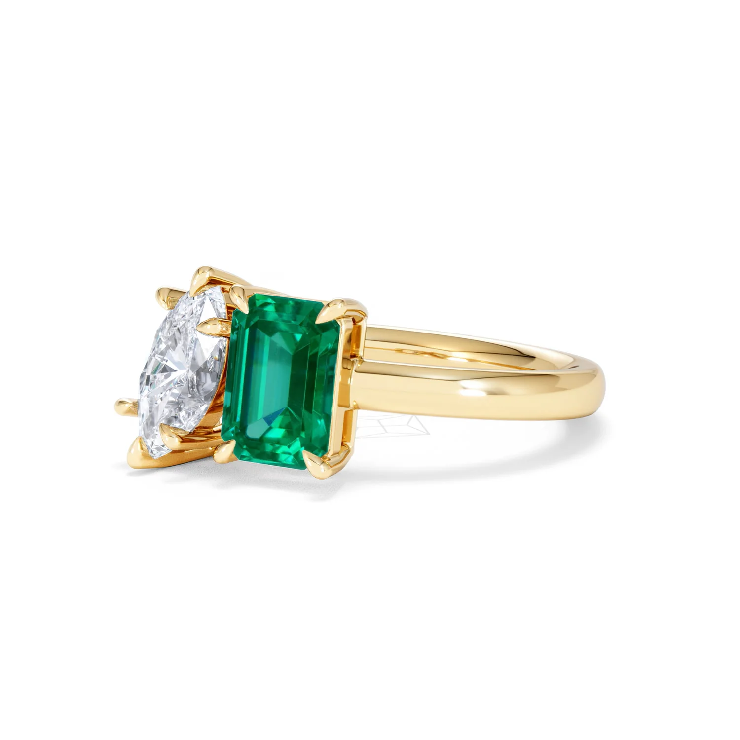 Toi Et Moi 1.50ct Marquise Lab Diamond and 3.30ct Emerald Cut Lab Emerald Engagement Ring in 18K Yellow Gold - Image 81