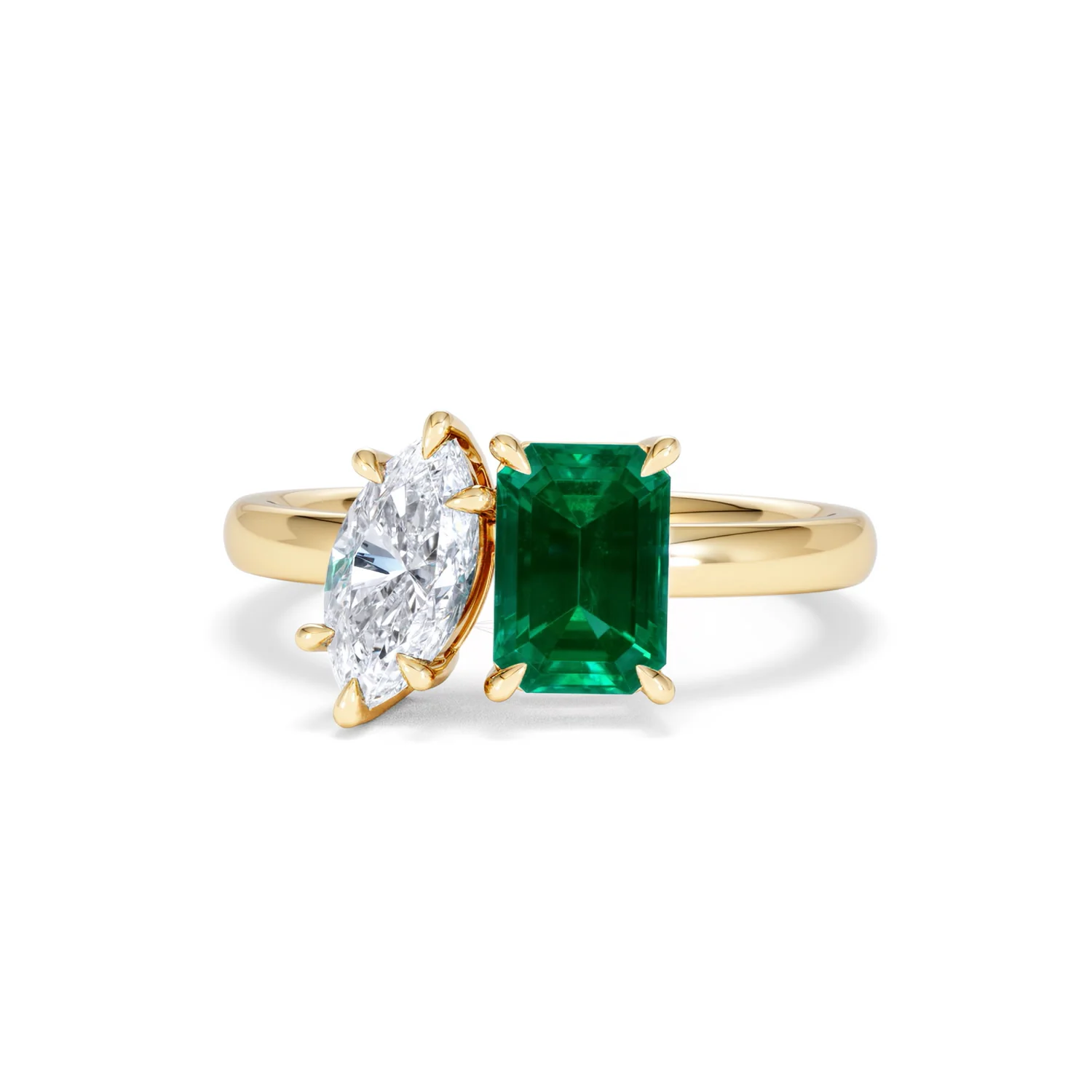 Toi Et Moi 1.50ct Marquise Lab Diamond and 3.30ct Emerald Cut Lab Emerald Engagement Ring in 18K Yellow Gold - Image 87