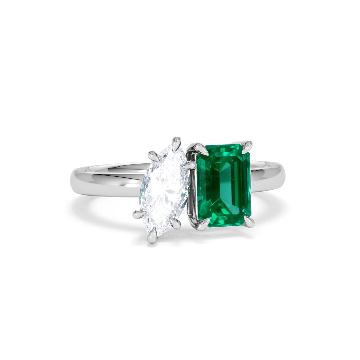 Toi Et Moi 1.50ct Marquise Lab Diamond and 3.30ct Emerald Cut Lab Emerald Engagement Ring in Platinum - Image 11