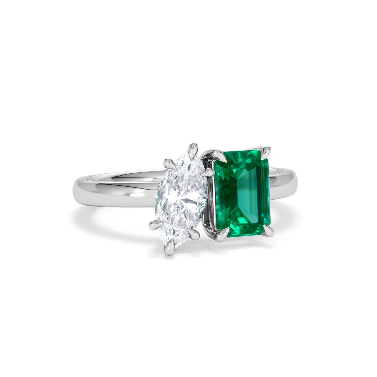 Toi Et Moi 1.50ct Marquise Lab Diamond and 3.30ct Emerald Cut Lab Emerald Engagement Ring in Platinum - Image 12