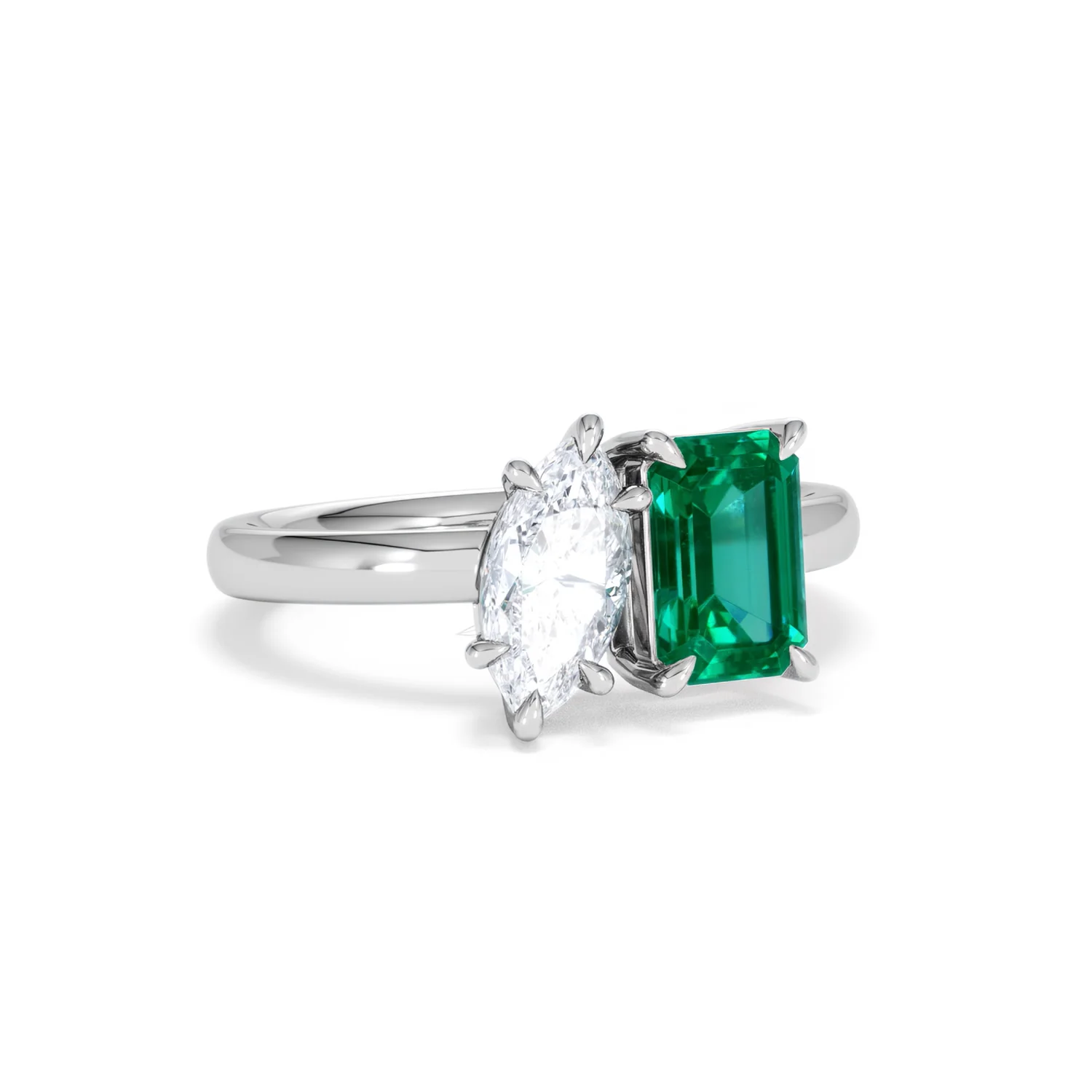 Toi Et Moi 1.50ct Marquise Lab Diamond and 3.30ct Emerald Cut Lab Emerald Engagement Ring in Platinum - Image 13