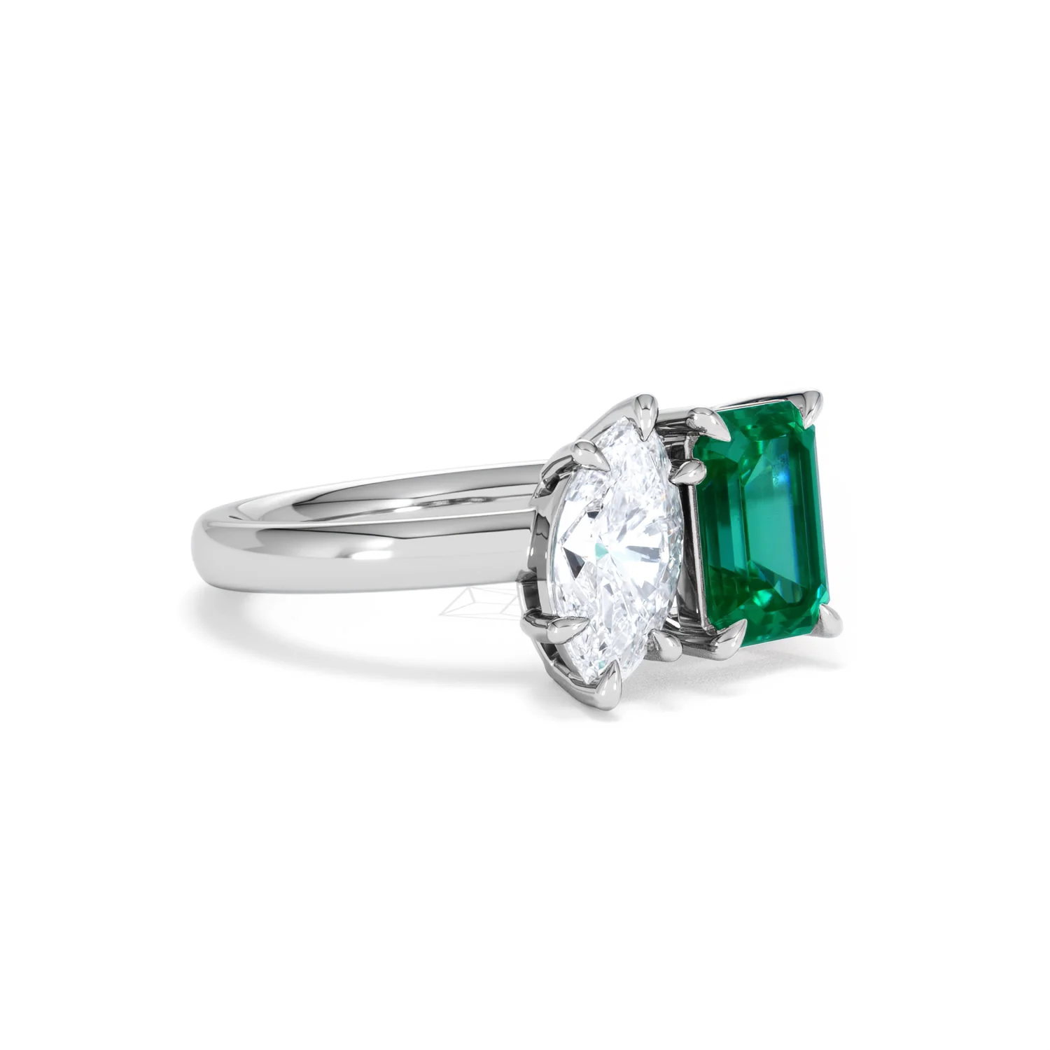 Toi Et Moi 1.50ct Marquise Lab Diamond and 3.30ct Emerald Cut Lab Emerald Engagement Ring in Platinum - Image 16
