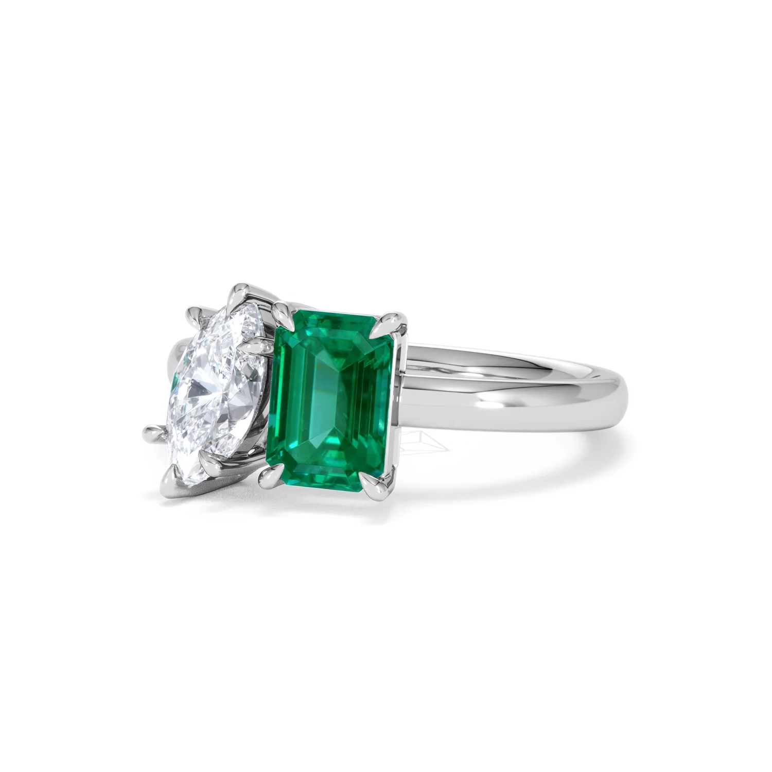Toi Et Moi 1.50ct Marquise Lab Diamond and 3.30ct Emerald Cut Lab Emerald Engagement Ring in Platinum - Image 83
