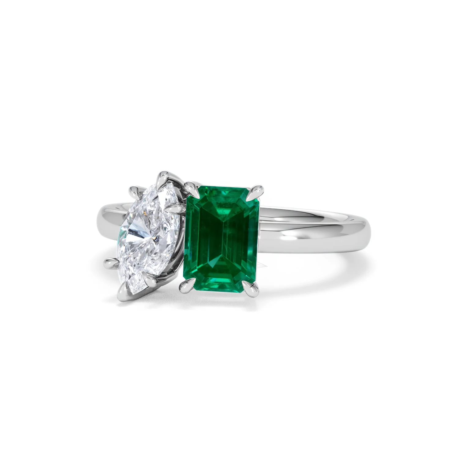 Toi Et Moi 1.50ct Marquise Lab Diamond and 3.30ct Emerald Cut Lab Emerald Engagement Ring in Platinum - Image 85