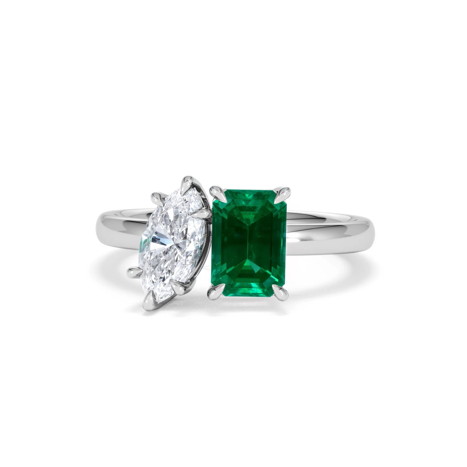 Toi Et Moi 1.50ct Marquise Lab Diamond and 3.30ct Emerald Cut Lab Emerald Engagement Ring in Platinum - Image 87
