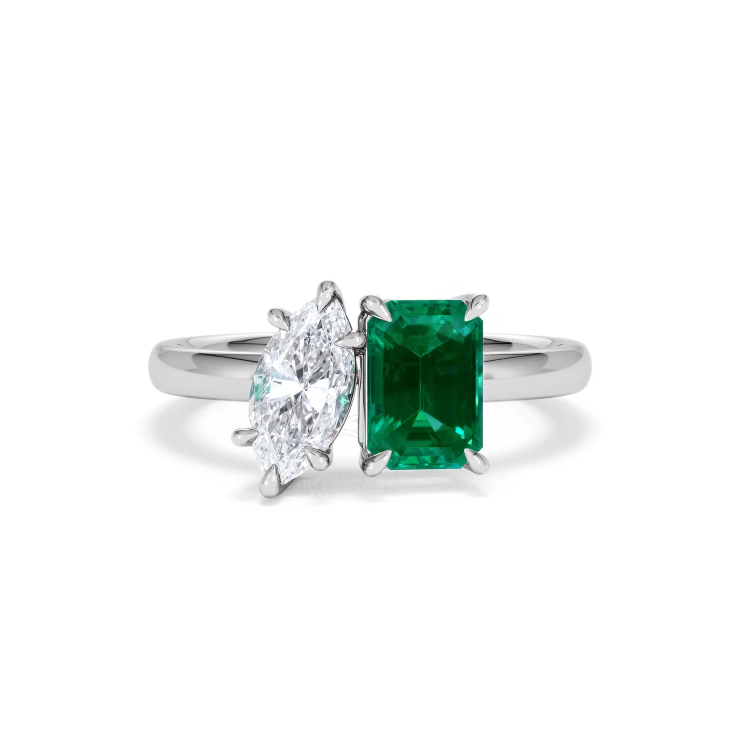 Toi Et Moi 1.50ct Marquise Lab Diamond and 3.30ct Emerald Cut Lab Emerald Engagement Ring in Platinum - Image 9
