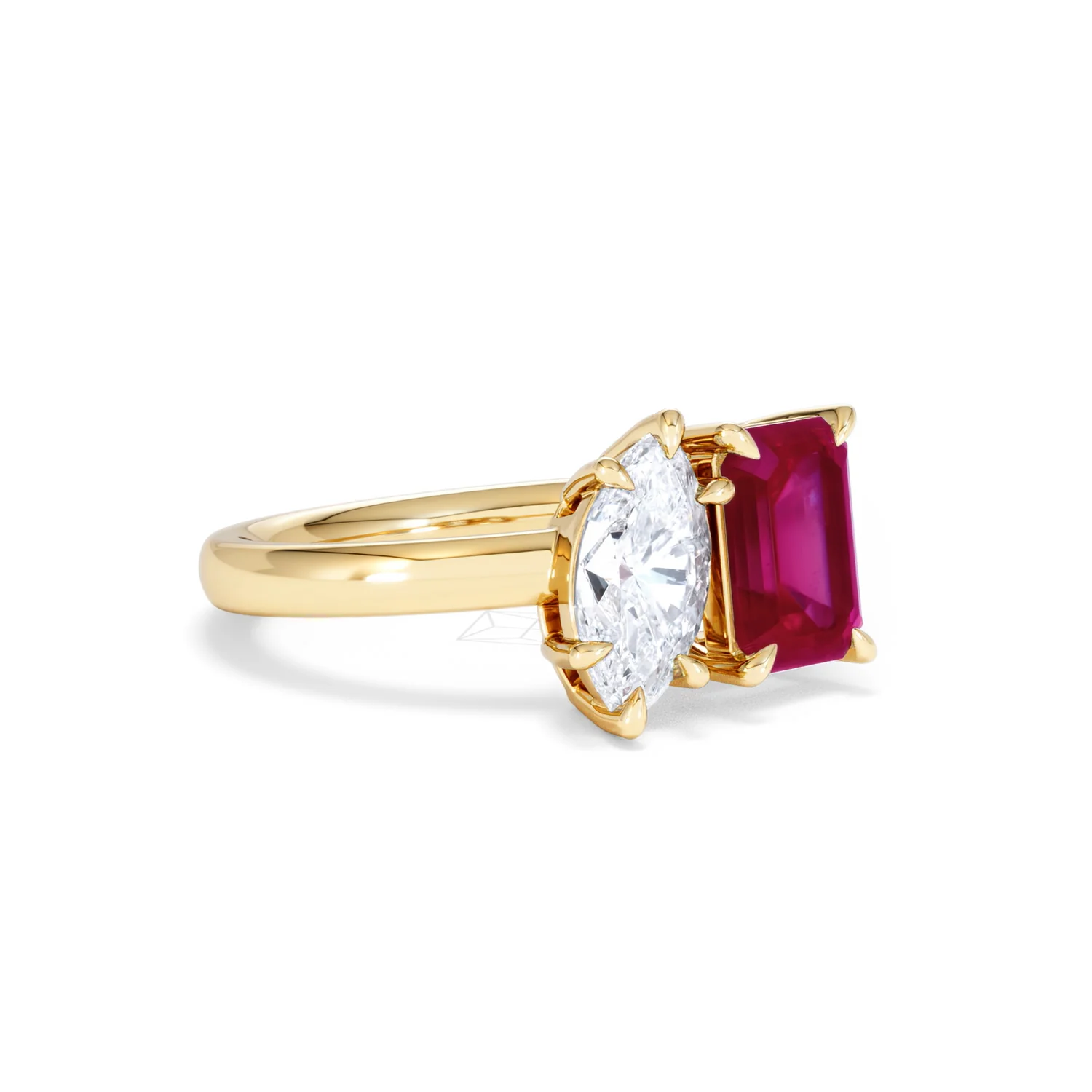 Toi Et Moi 1.50ct Marquise Lab Diamond and 3.30ct Emerald Cut Lab Ruby Engagement Ring in 18K Yellow Gold - Image 16