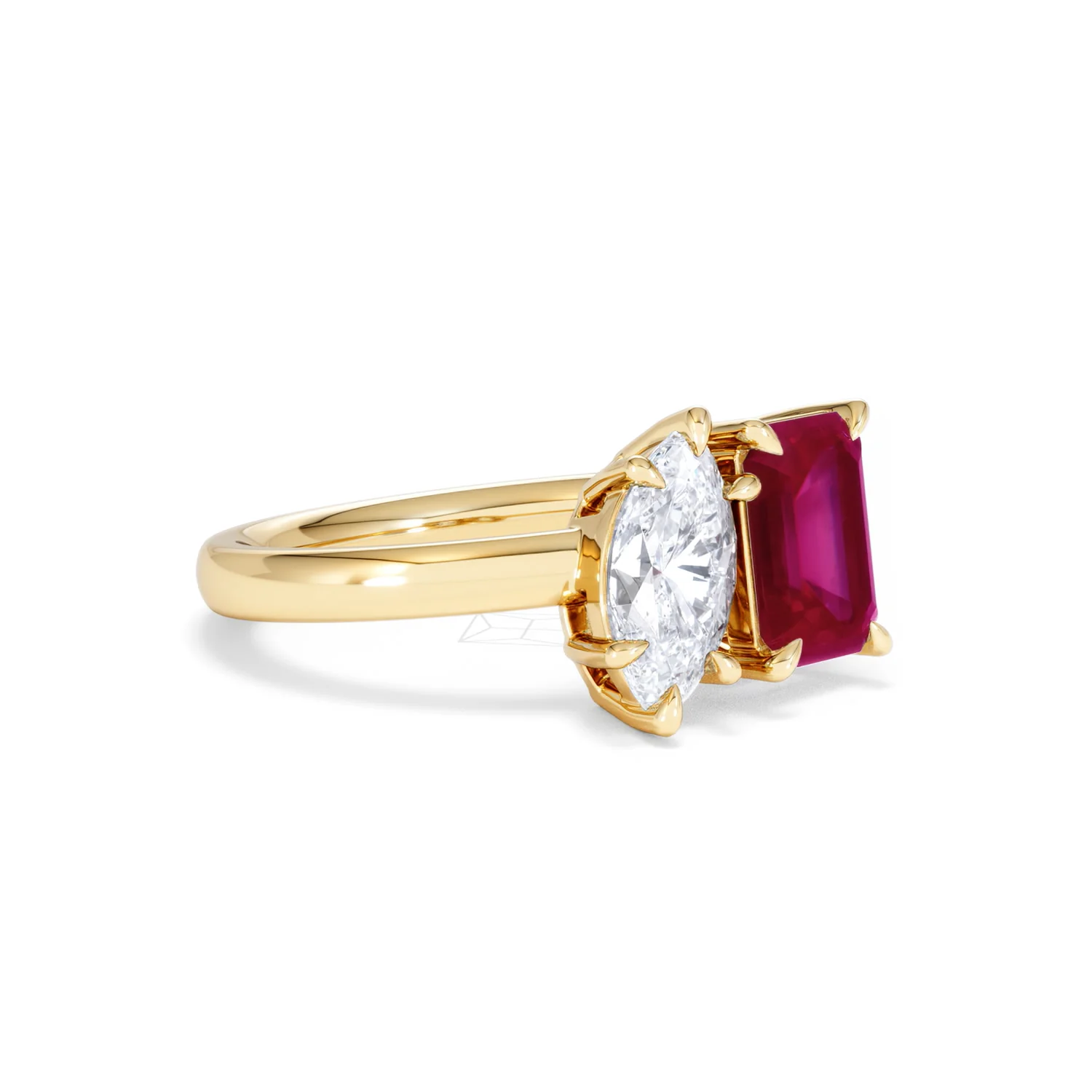 Toi Et Moi 1.50ct Marquise Lab Diamond and 3.30ct Emerald Cut Lab Ruby Engagement Ring in 18K Yellow Gold - Image 17