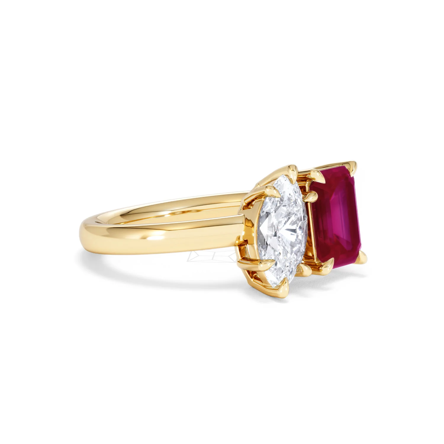 Toi Et Moi 1.50ct Marquise Lab Diamond and 3.30ct Emerald Cut Lab Ruby Engagement Ring in 18K Yellow Gold - Image 18